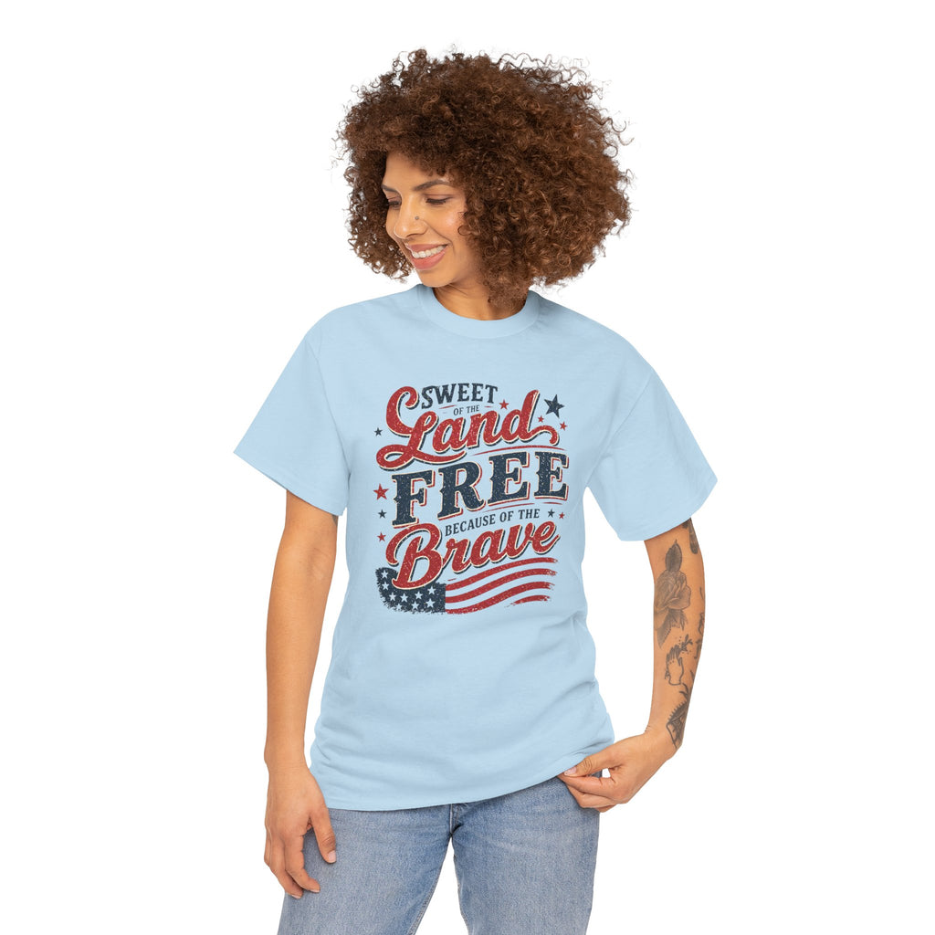 Patriotic Tee — "Sweet Land Free Because of the Brave" American Flag Shirt