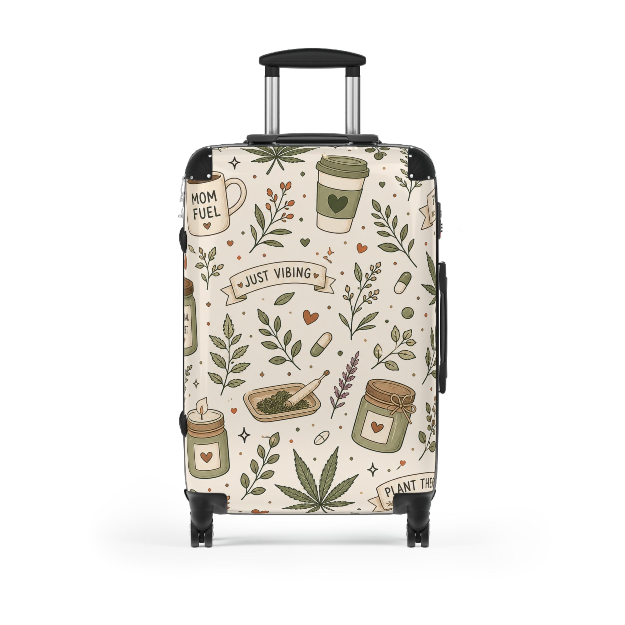 Suitcase — "Just Vibing" Mom Fuel Travel Luggage with Botanical Coffee & Hemp Pattern