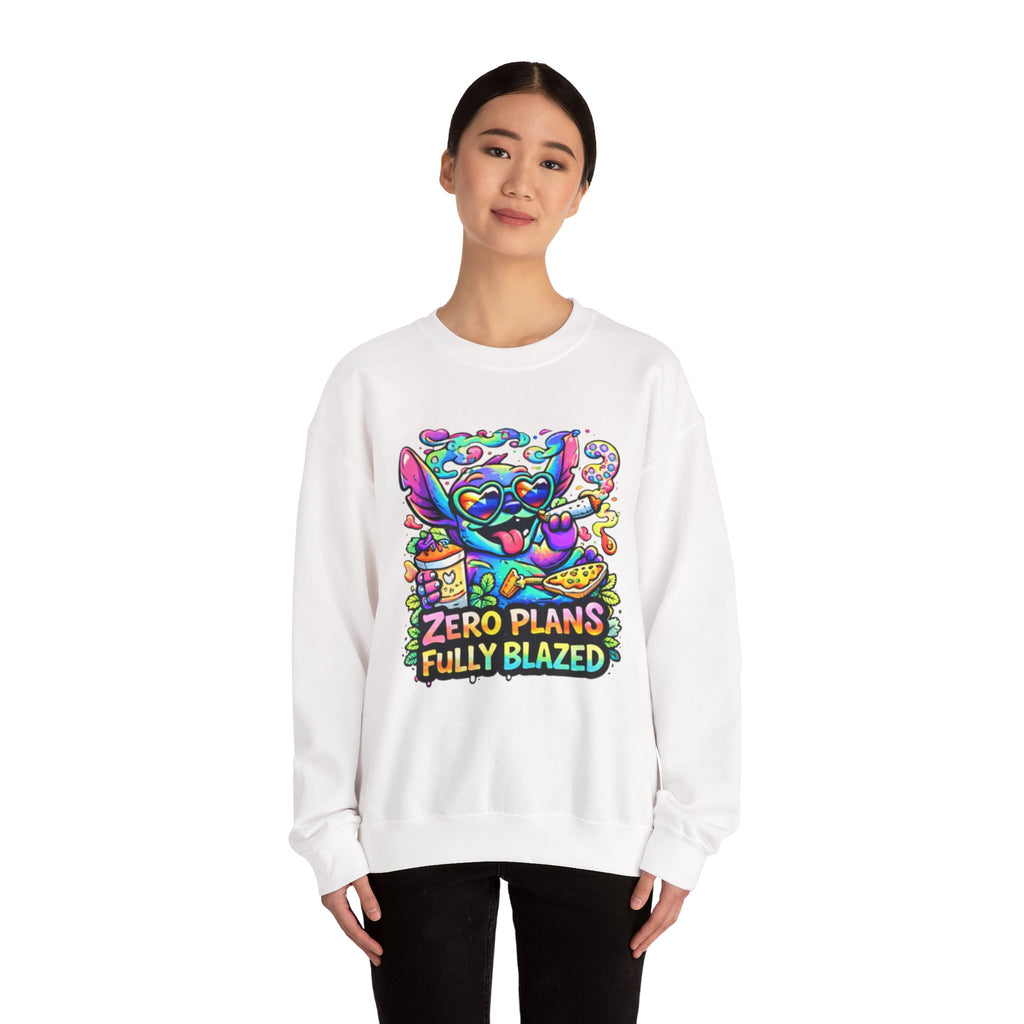 Crewneck Sweatshirt — "Zero Plans Fully Blazed" Colorful Stoner Cartoon Graphic