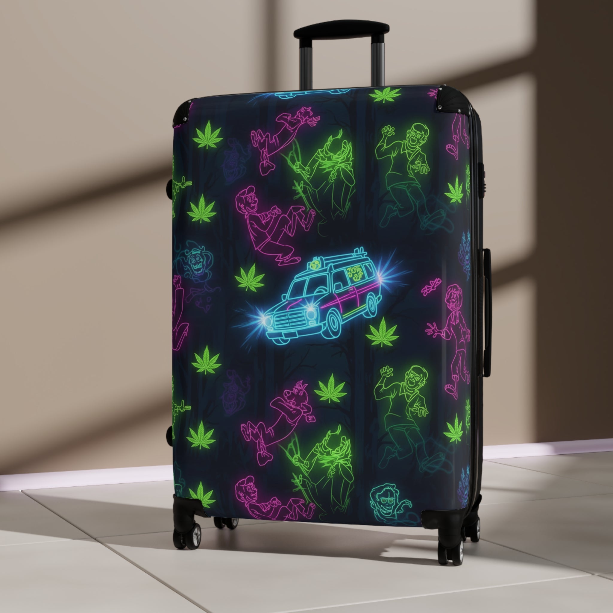 Neon Roadtrip Suitcase – Retro Van & Palm Pattern Carry-On