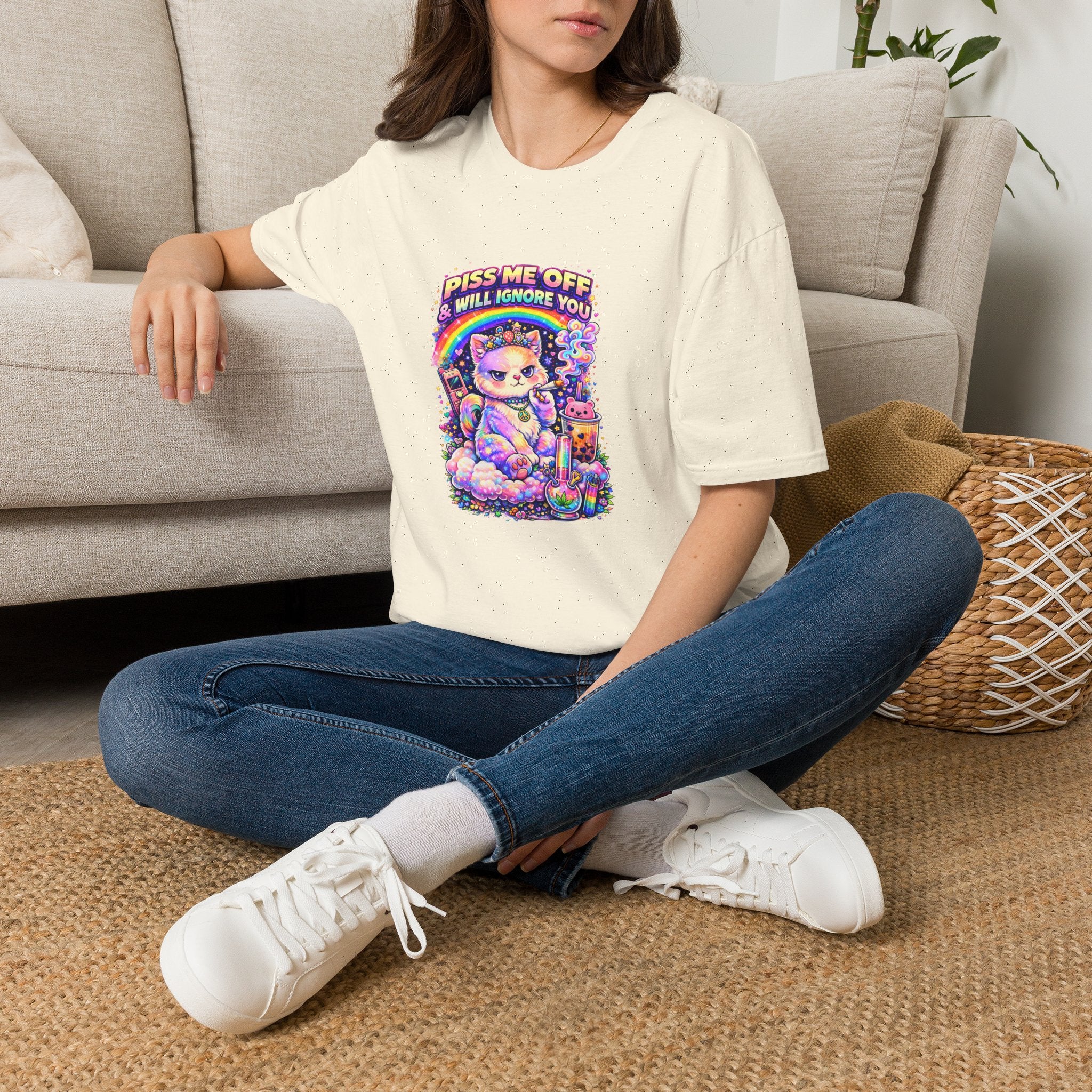 Graphic T-Shirt — "Piss Me Off & I Will Ignore You" Cute Grumpy Cat Rainbow Design