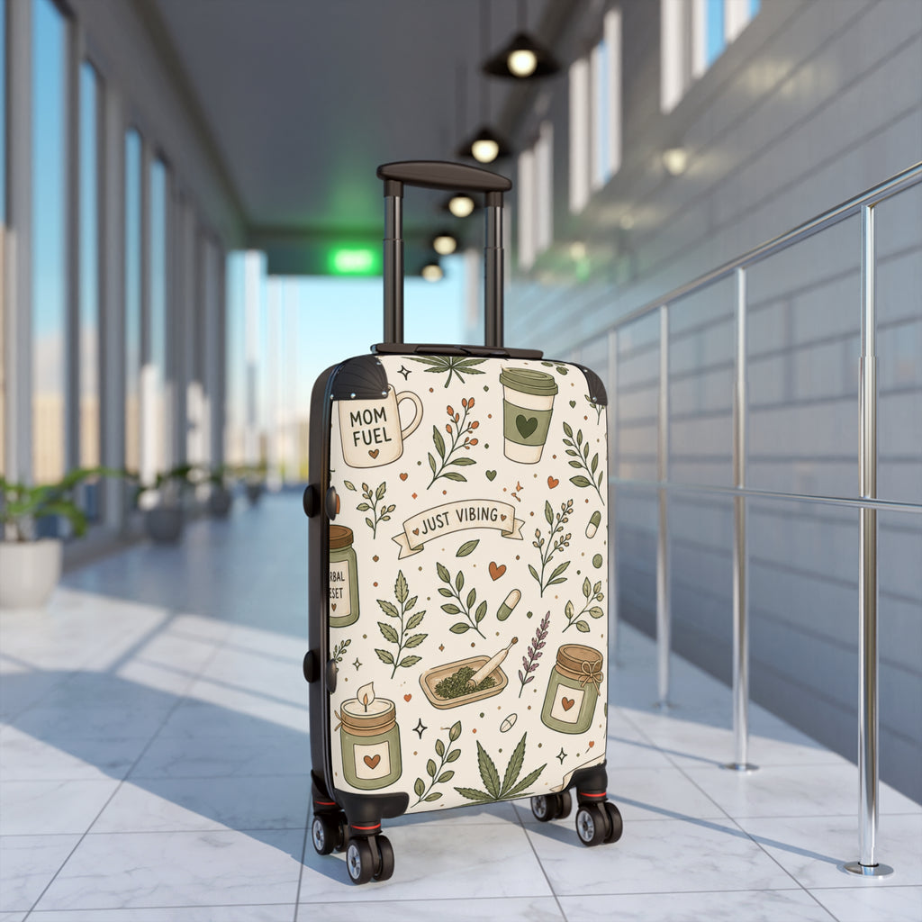 Suitcase — "Just Vibing" Mom Fuel Travel Luggage with Botanical Coffee & Hemp Pattern