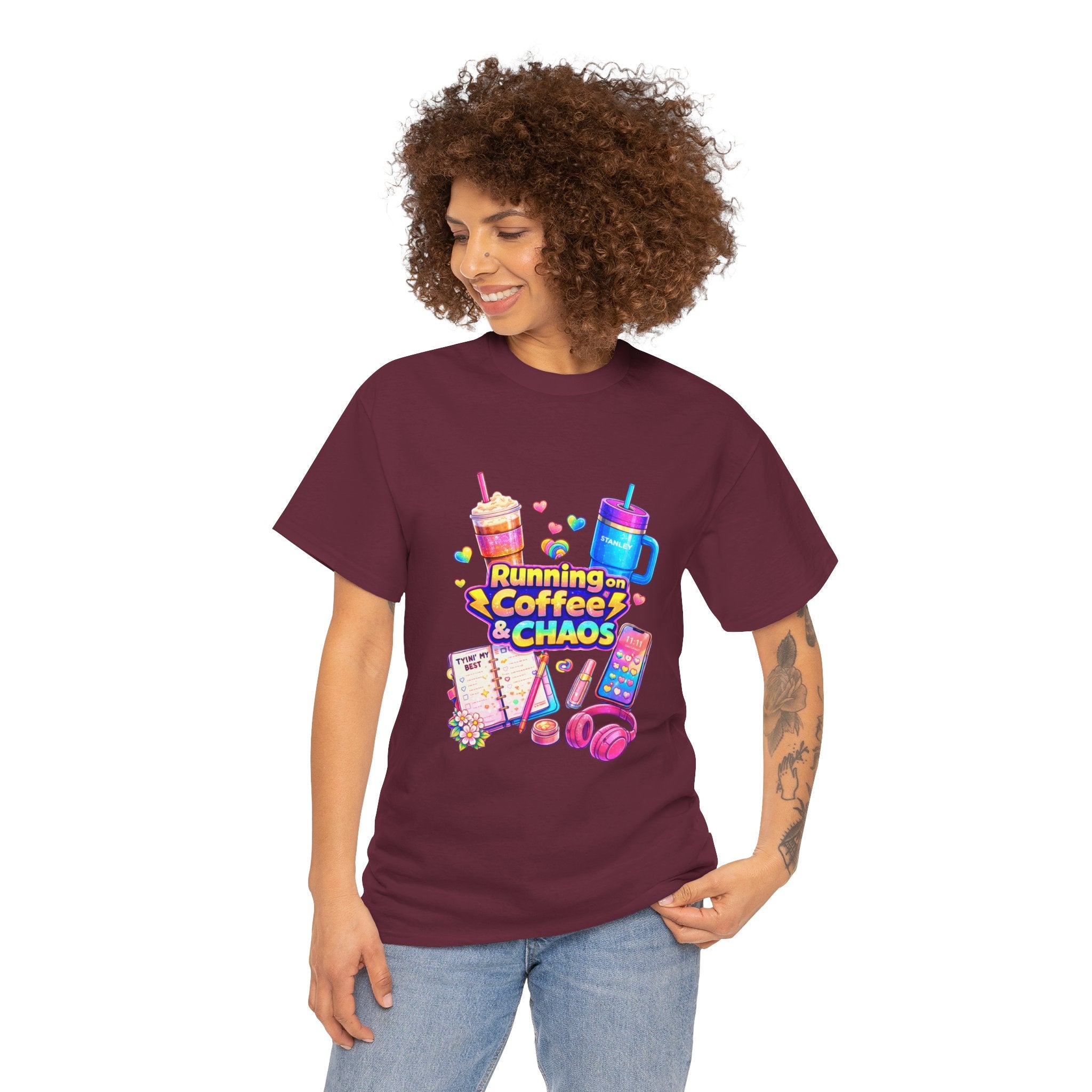 Graphic Tee — "Running on Coffee & Chaos" Colorful Planner Lover Shirt