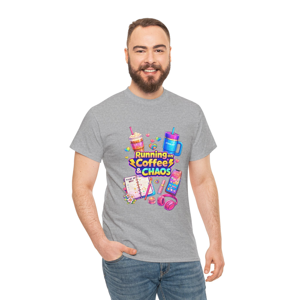 Graphic Tee — "Running on Coffee & Chaos" Colorful Planner Lover Shirt