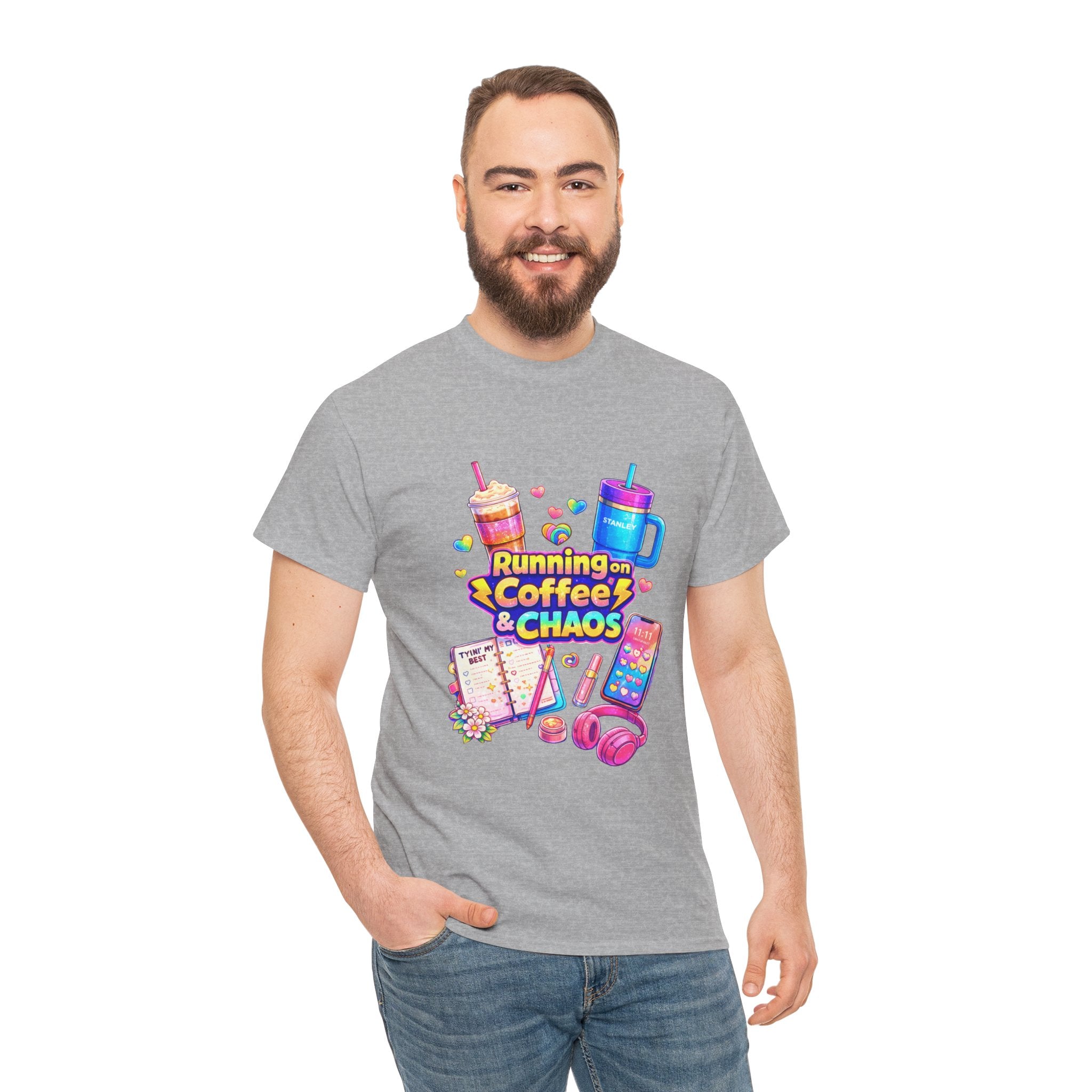 Graphic Tee — "Running on Coffee & Chaos" Colorful Planner Lover Shirt