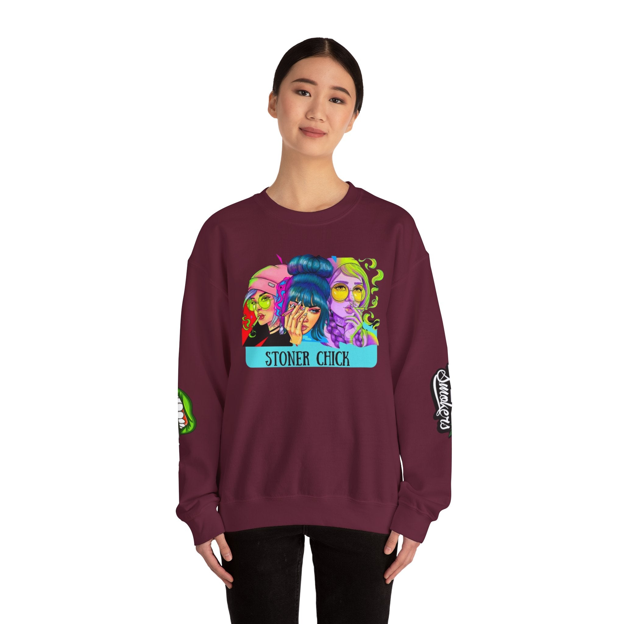 Stoner Chicks Crewneck Sweatshirt — Retro Cannabis Graphic