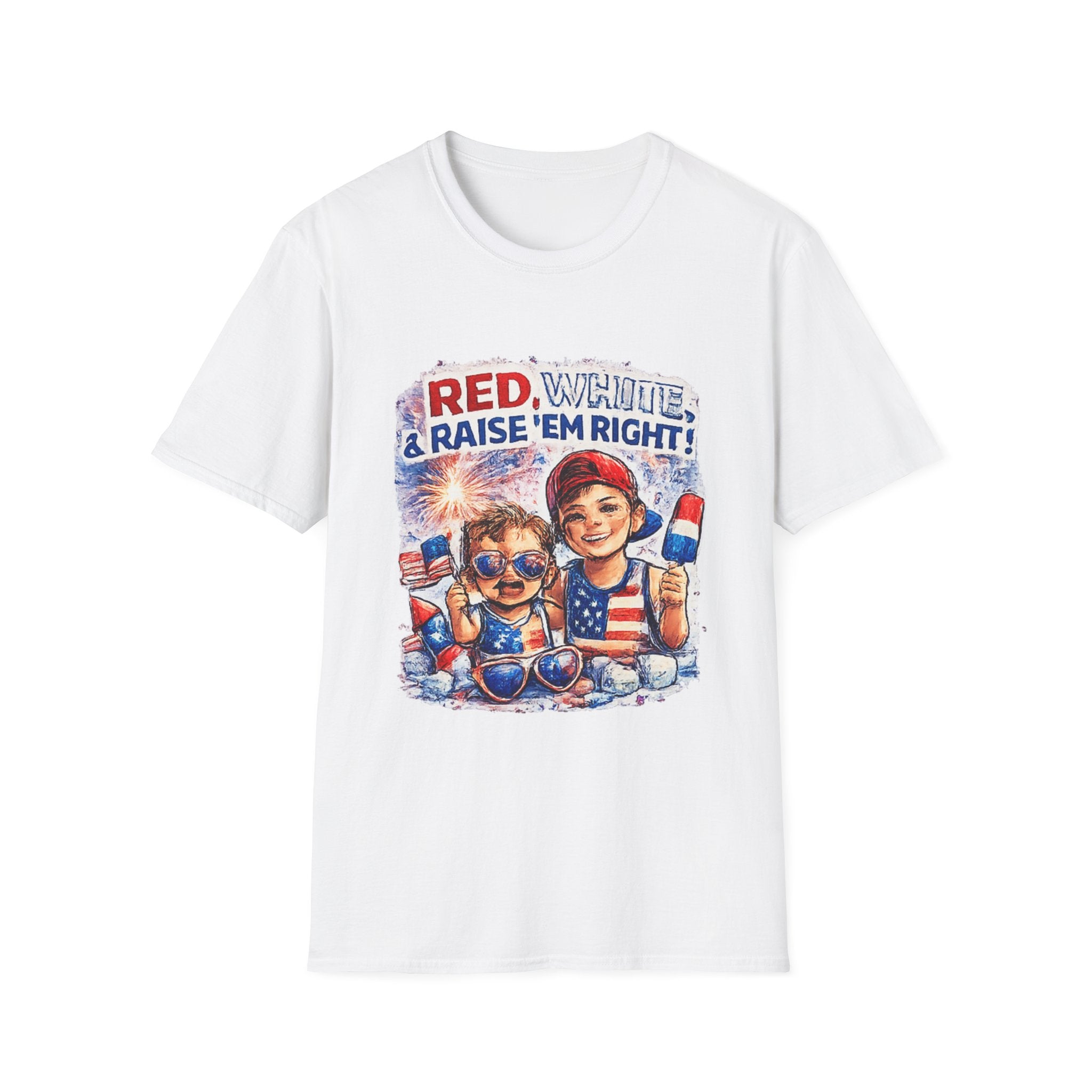 Patriotic Kids Tee — "Red, White & Raise 'Em Right" 4th of July Shirt