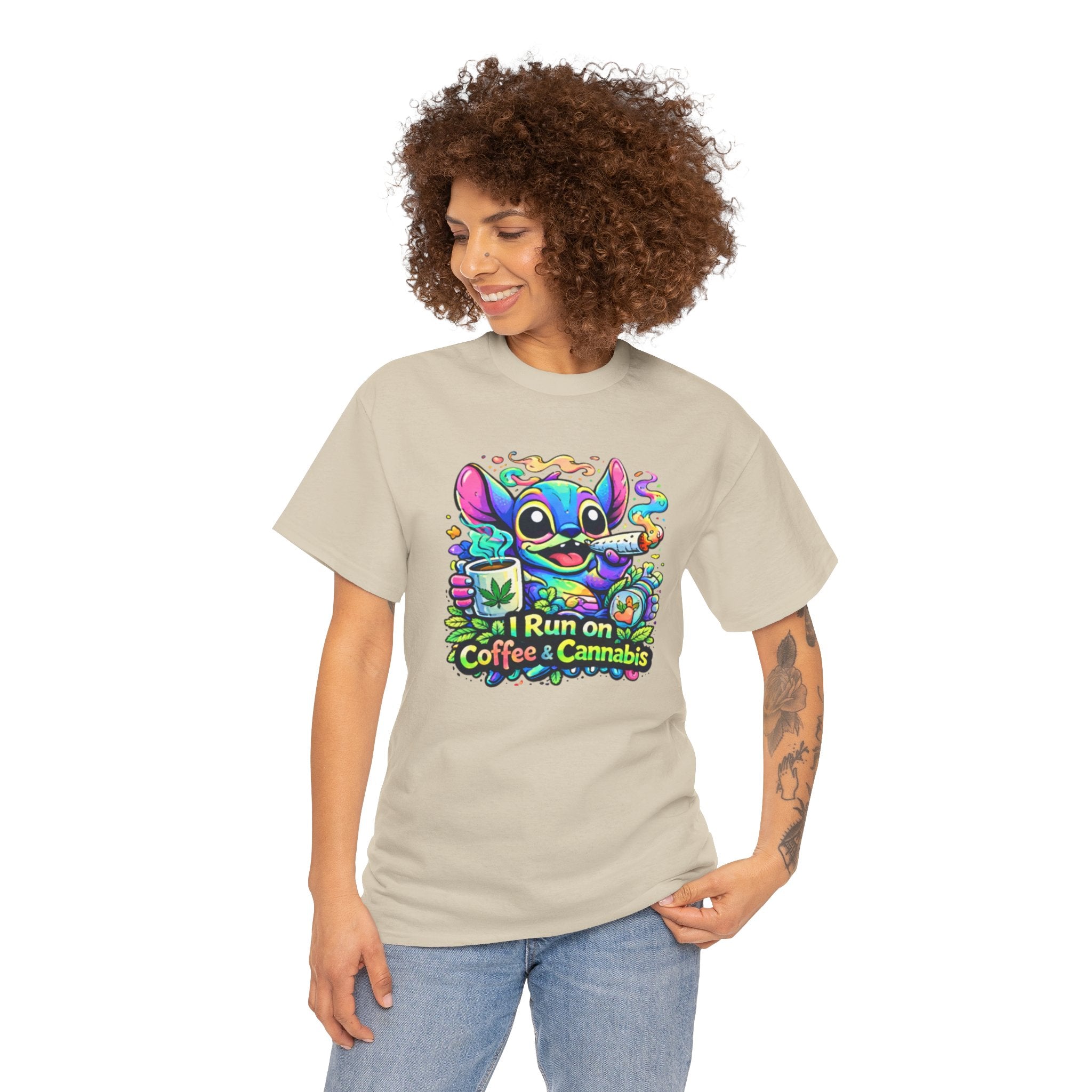 Coffee & Cannabis Tee — 'I Run on Coffee & Cannabis' Cute Stitch Graphic T-Shirt