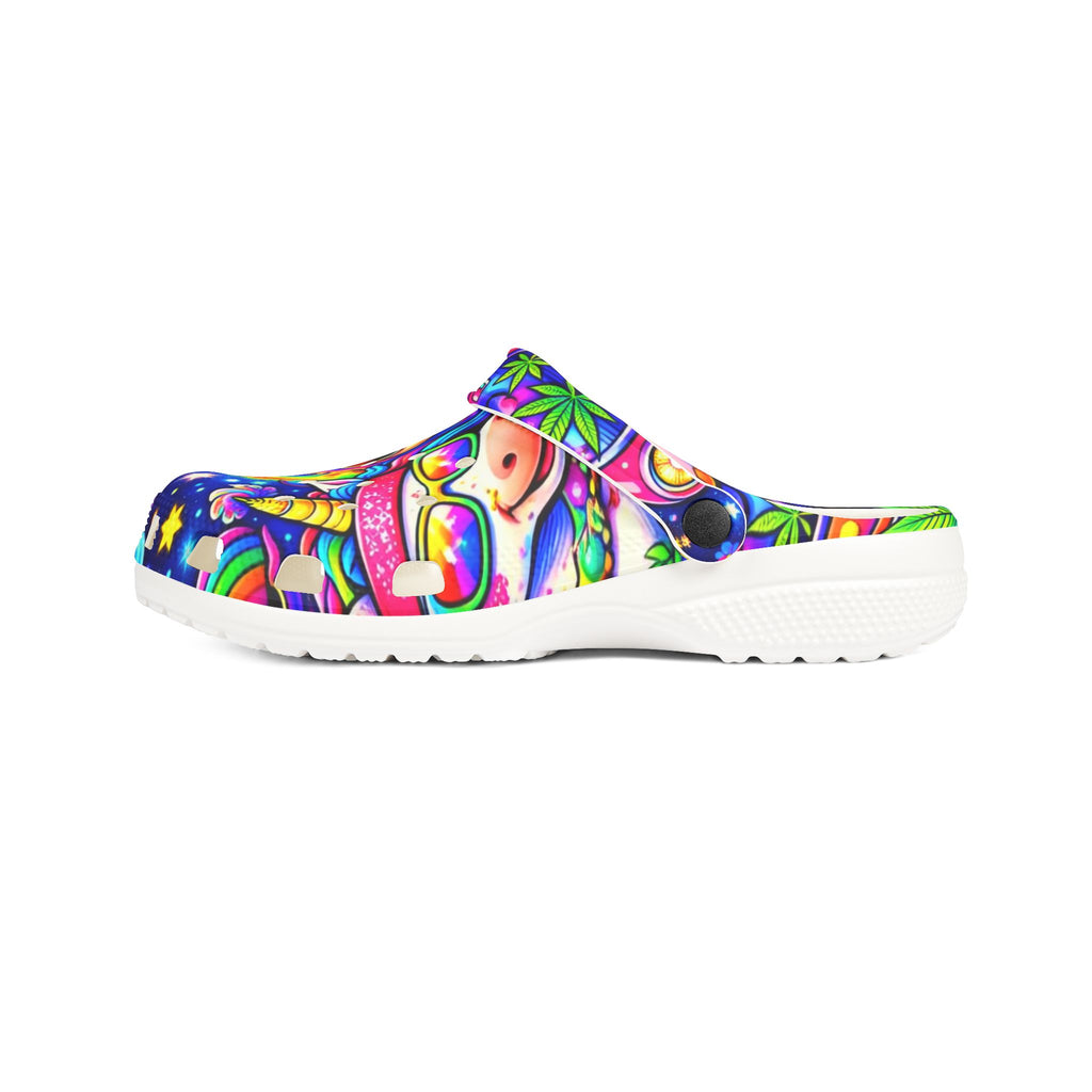 Psychedelic Rainbow Sloth EVA Clogs — Colorful All-Over Print Garden Shoes