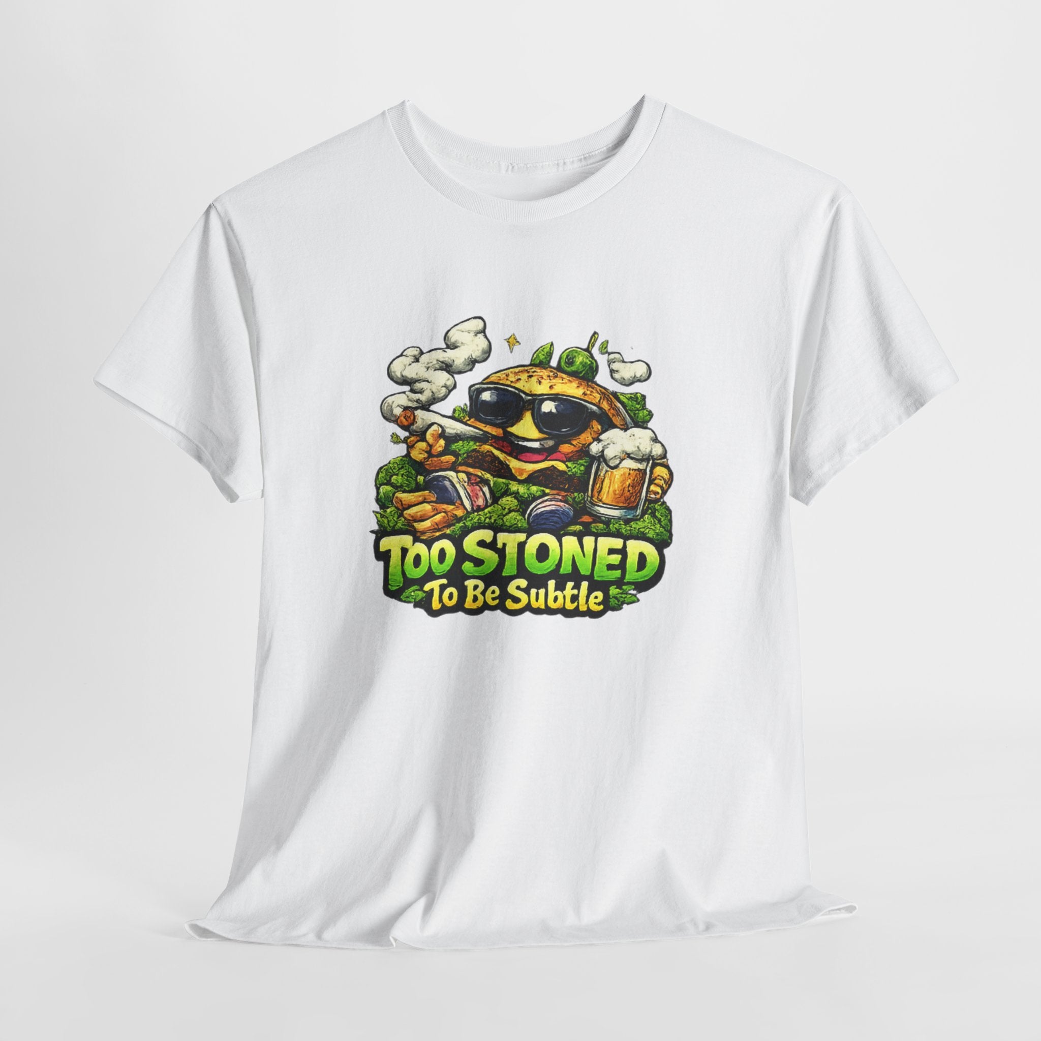 Too Stoned To Be Subtle Tee - Funny Retro Cartoon Burger Cannabis T-Shirt