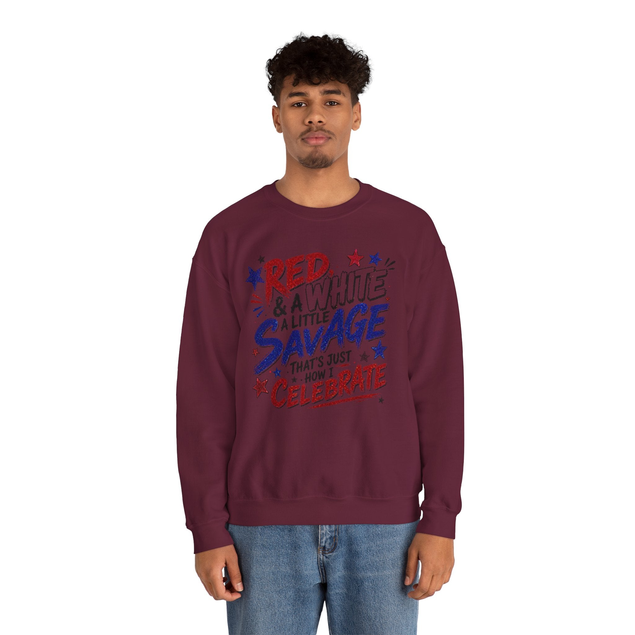 Crewneck Sweatshirt — "Red & White & A Little Savage" Patriotic 4th of July Pullover