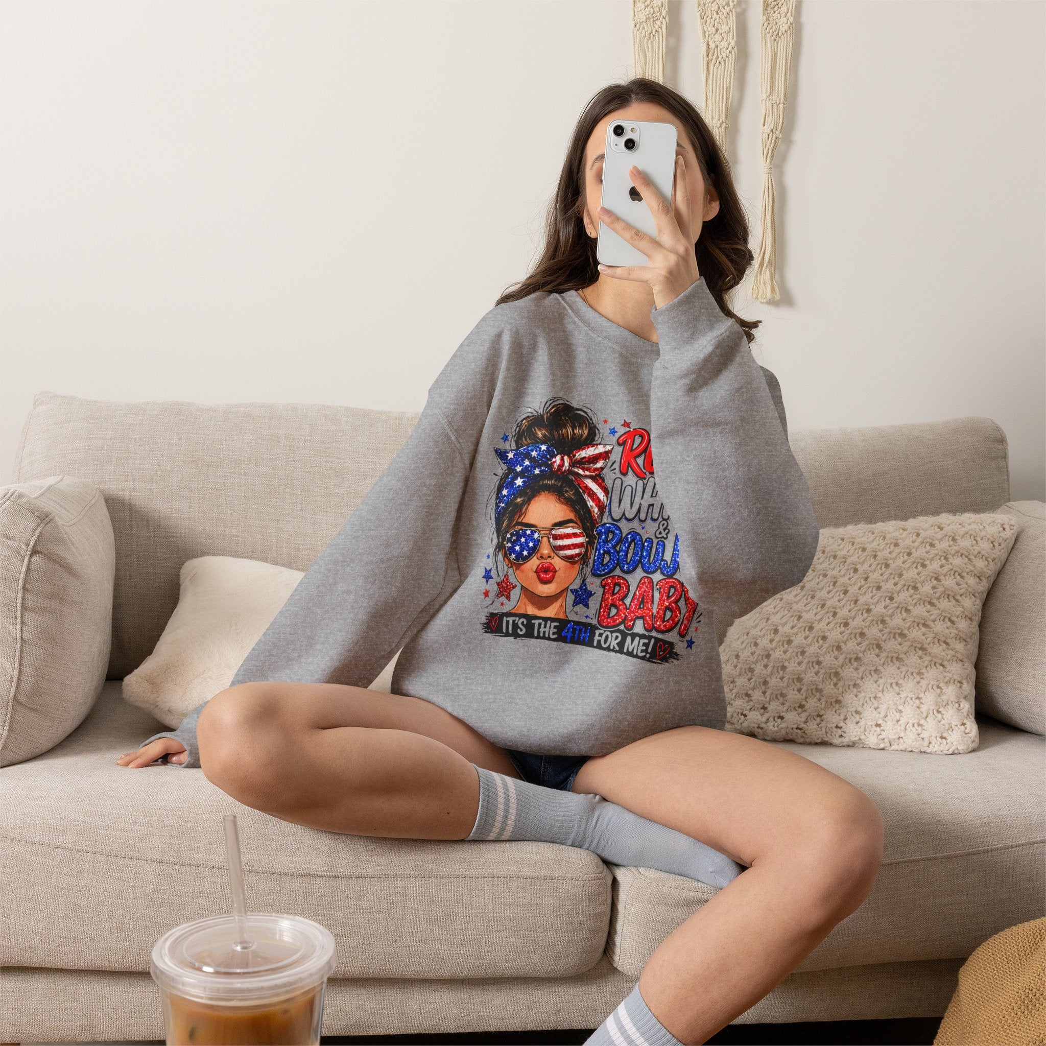Crewneck Sweatshirt — "Red White Boujee Baby" Patriotic Women's 4th of July Graphic