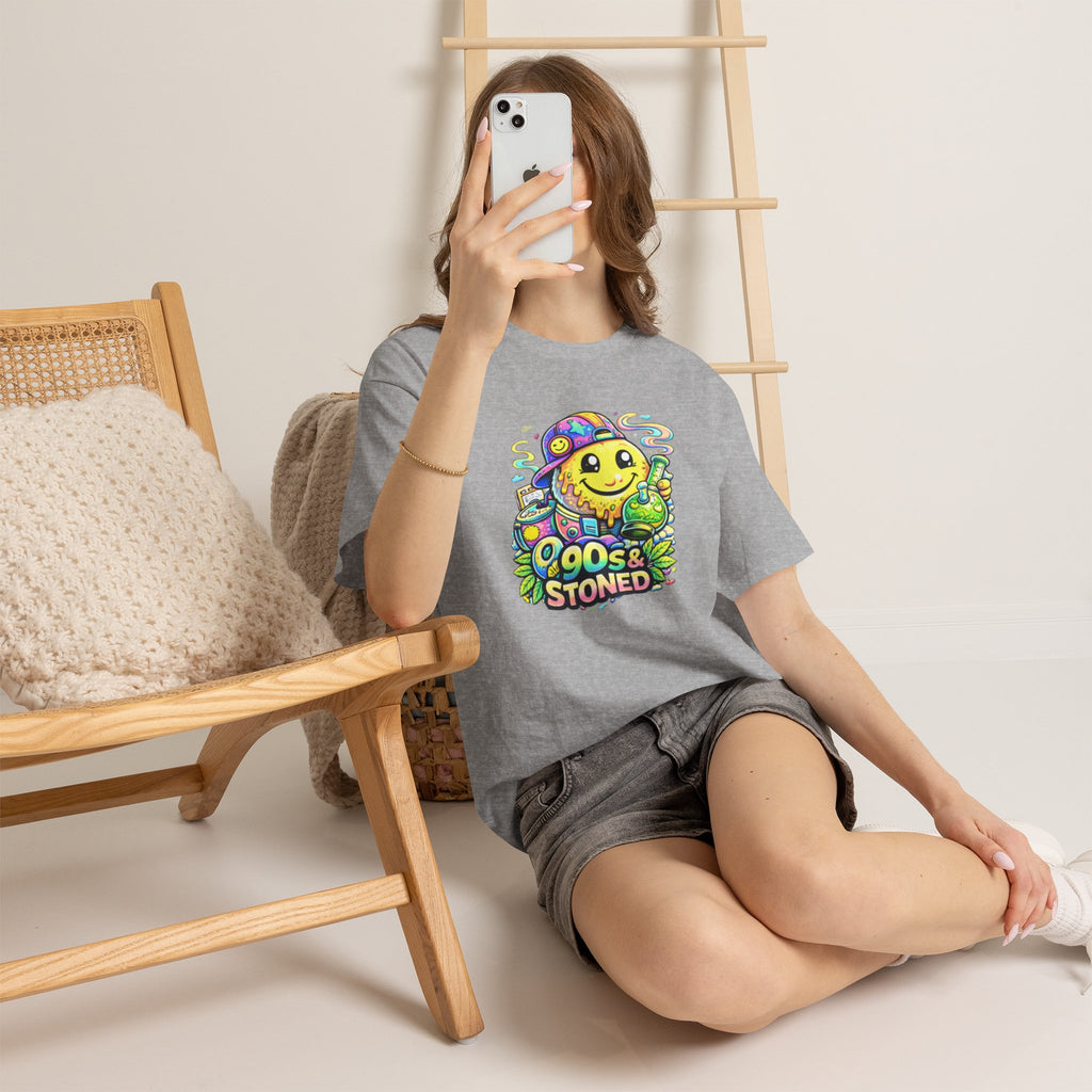 90s & Stoned Smiley Tee — Retro Vaporwave Cannabis Graphic T-Shirt