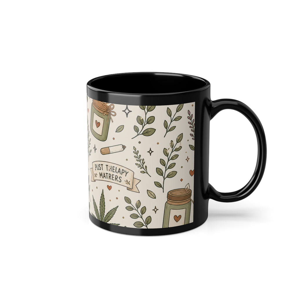 Black Ceramic Mug — Cozy Herbal Coffee Pattern (11 oz)