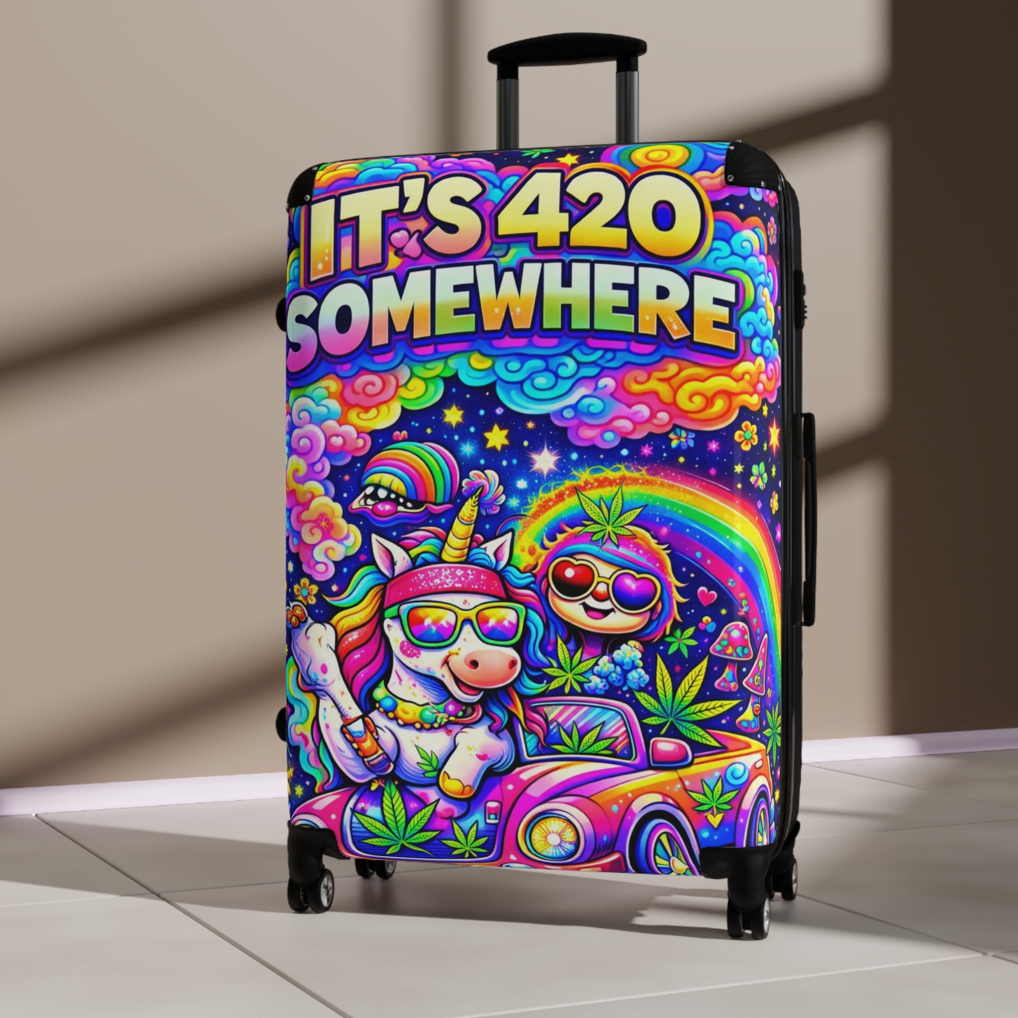 420 Rainbow Travel Suitcase — "It’s 420 Somewhere" Colorful Unicorn & Sloth Luggage Cover