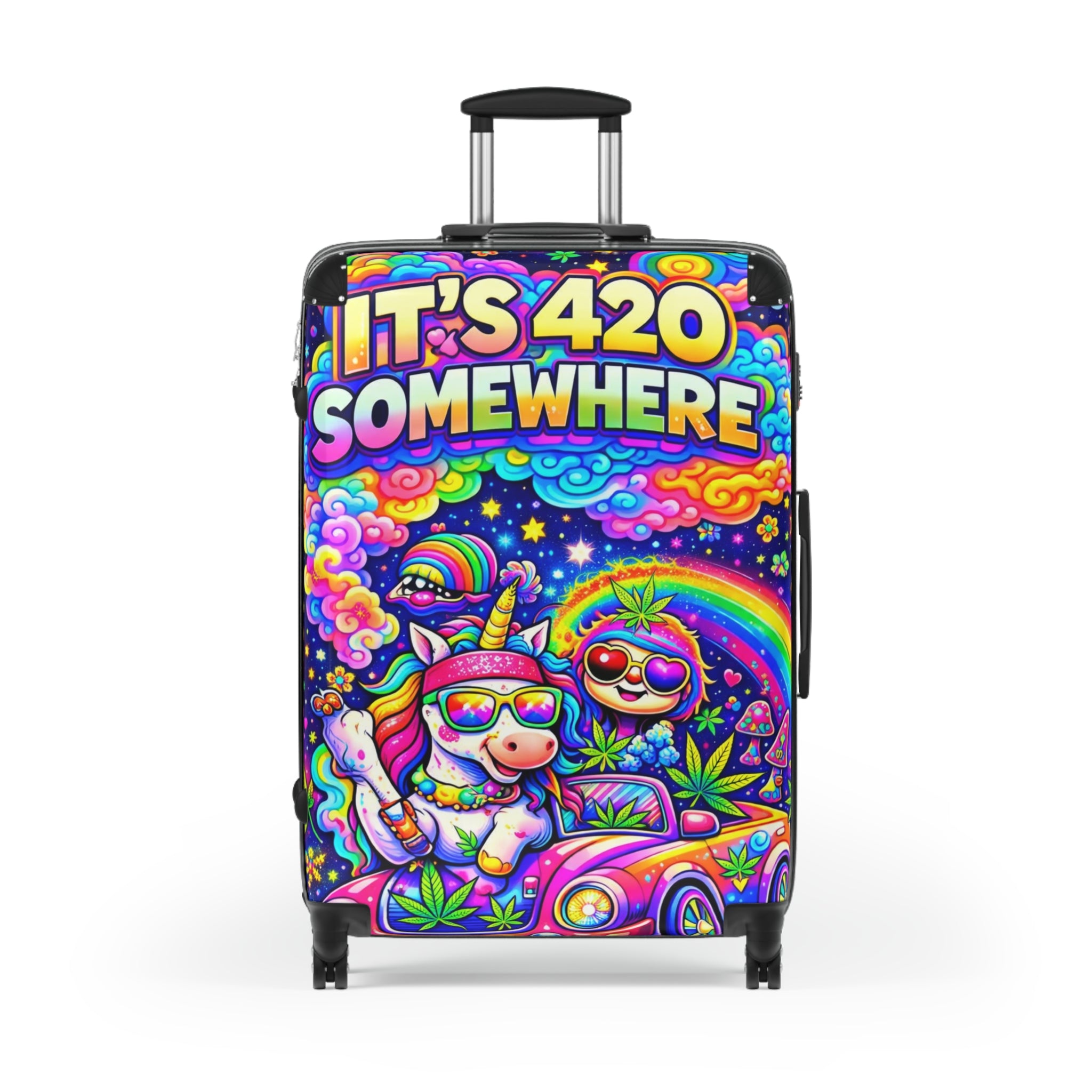 420 Rainbow Travel Suitcase — "It’s 420 Somewhere" Colorful Unicorn & Sloth Luggage Cover