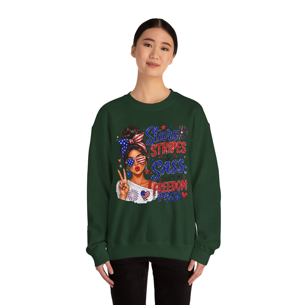 Patriotic 'Stars, Stripes & Sass' Crewneck Sweatshirt – 4th of July Freedom Pass Graphic