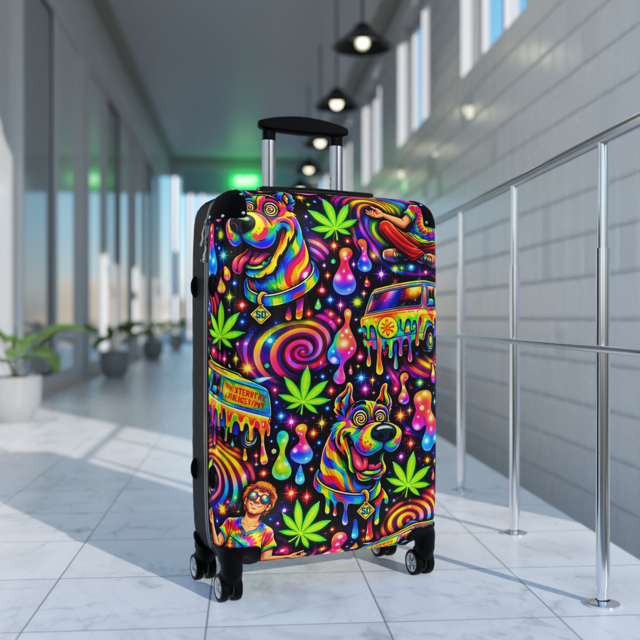 Psychedelic Travel Suitcase – Neon Hippie Dog & Van Print