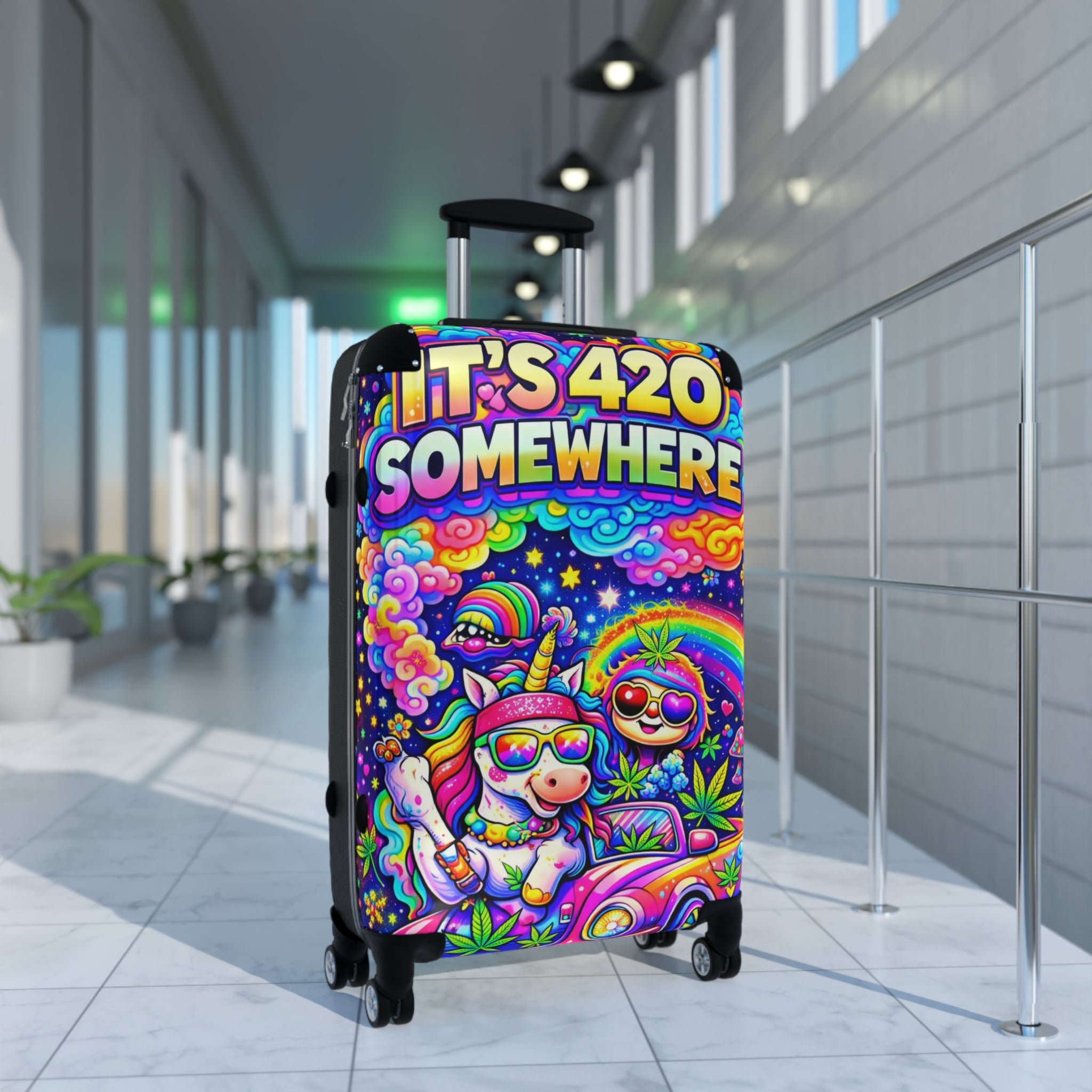 420 Rainbow Travel Suitcase — "It’s 420 Somewhere" Colorful Unicorn & Sloth Luggage Cover