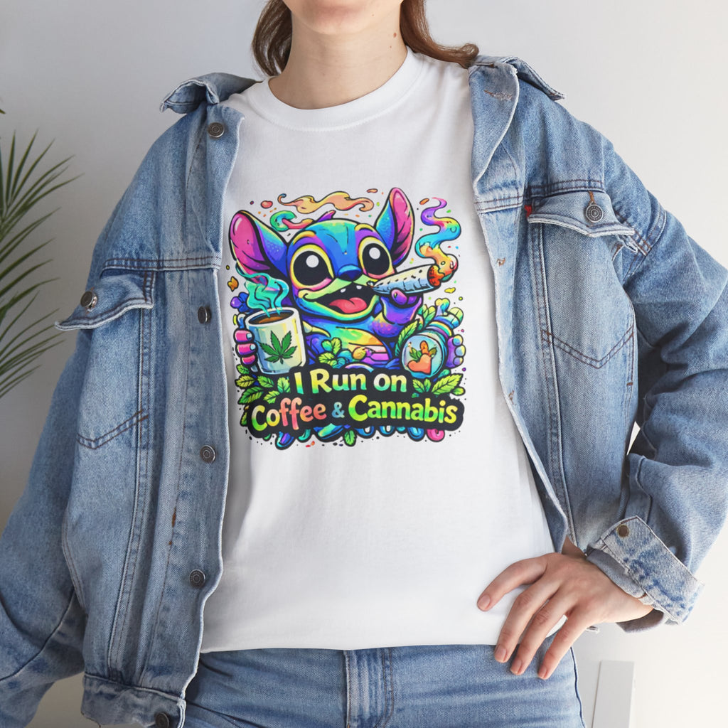 Coffee & Cannabis Tee — 'I Run on Coffee & Cannabis' Cute Stitch Graphic T-Shirt