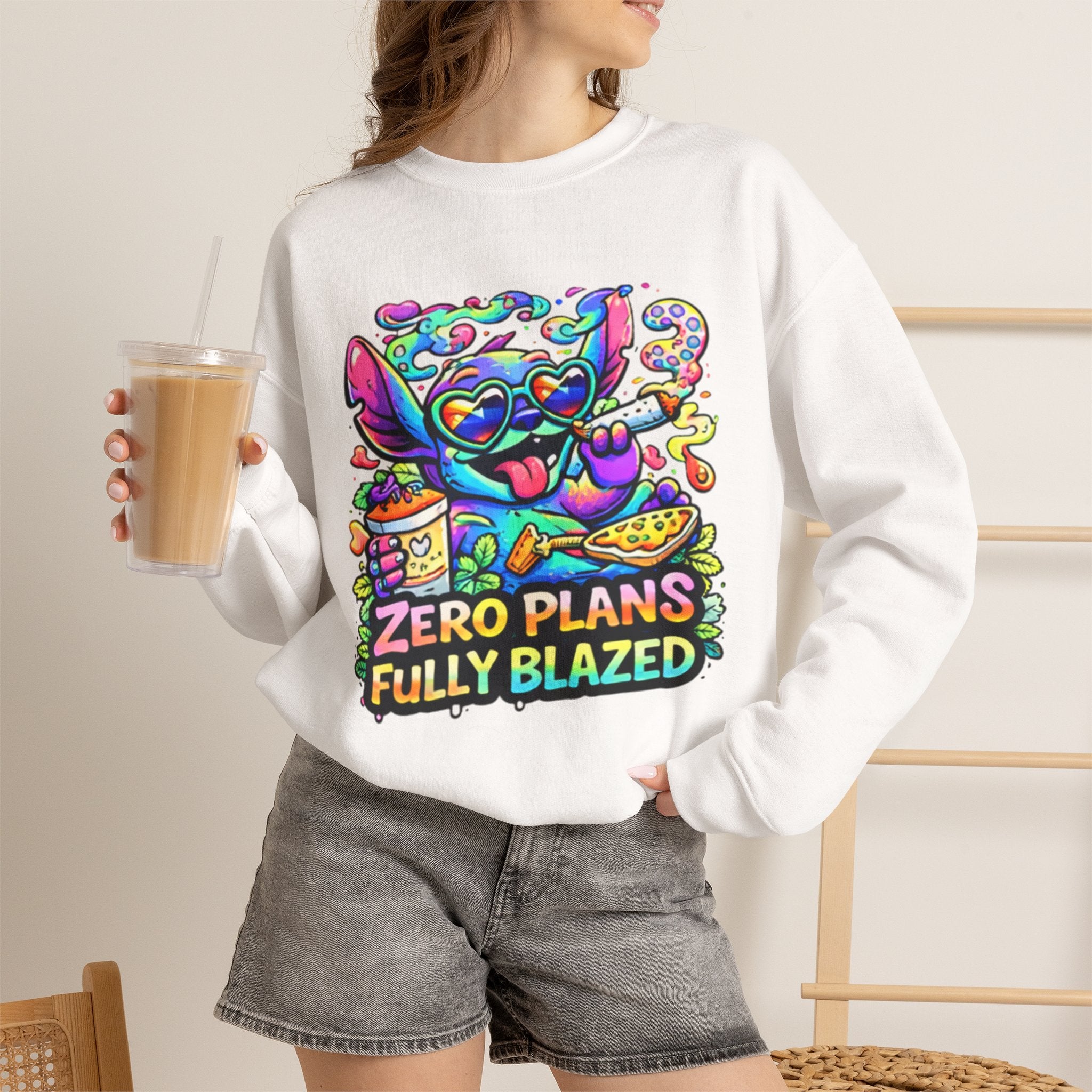 Crewneck Sweatshirt — "Zero Plans Fully Blazed" Colorful Stoner Cartoon Graphic