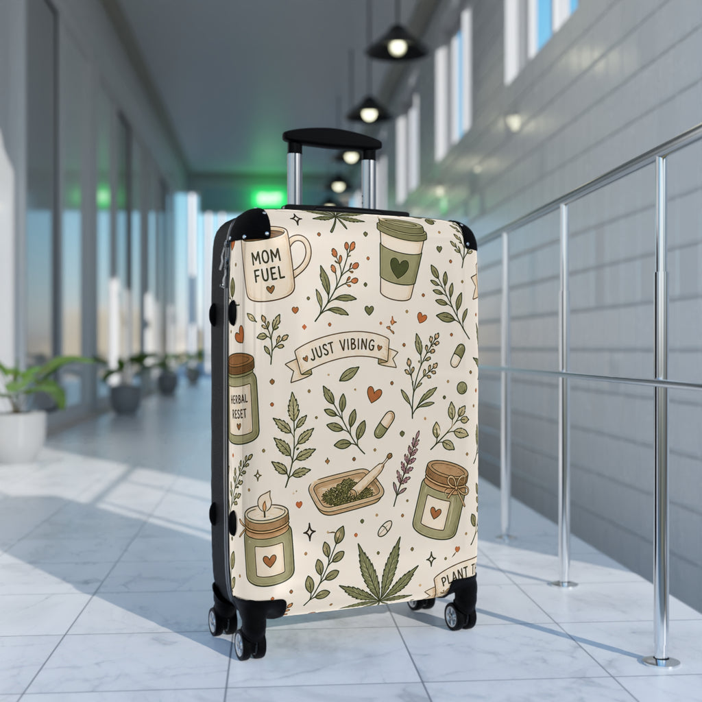 Suitcase — "Just Vibing" Mom Fuel Travel Luggage with Botanical Coffee & Hemp Pattern