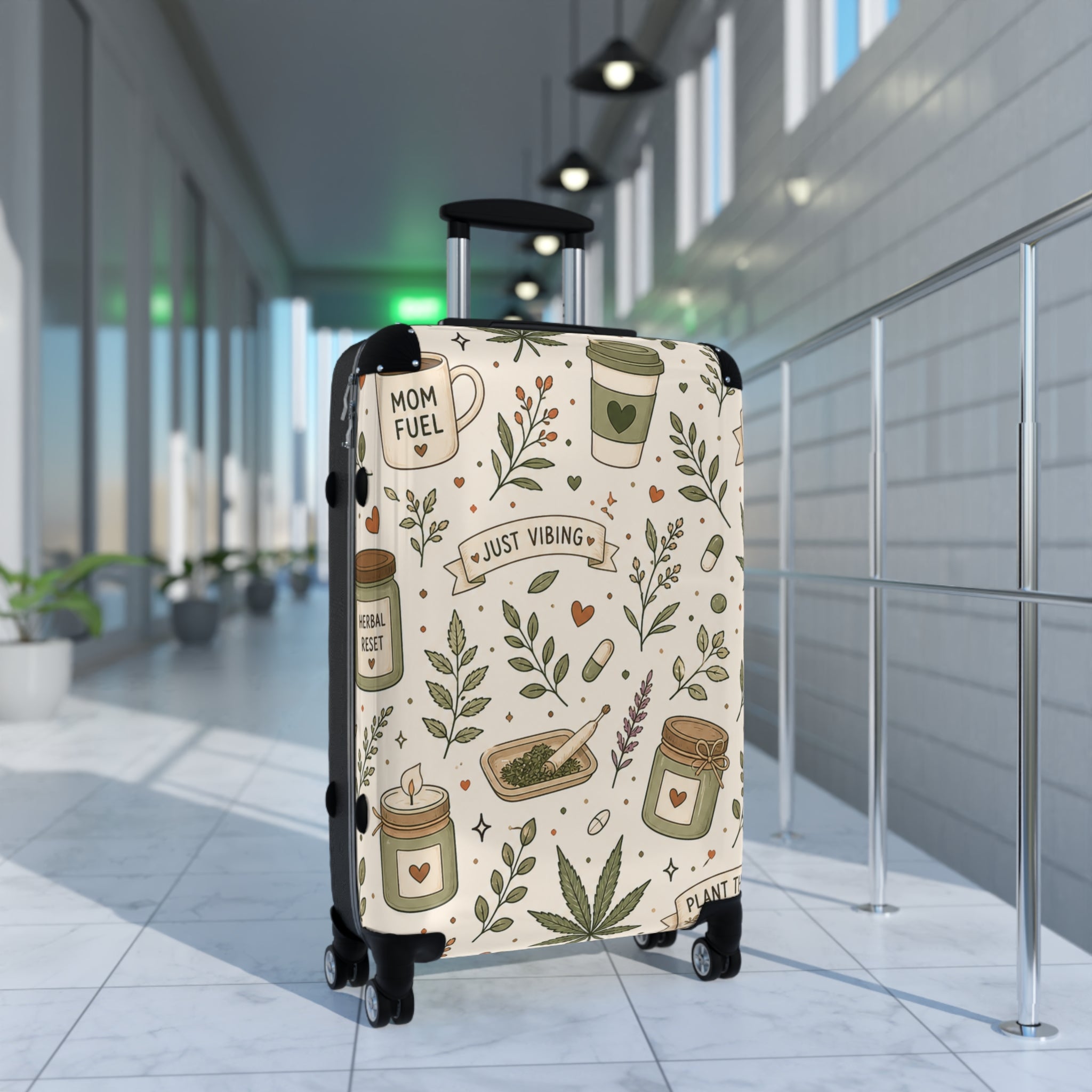 Suitcase — "Just Vibing" Mom Fuel Travel Luggage with Botanical Coffee & Hemp Pattern