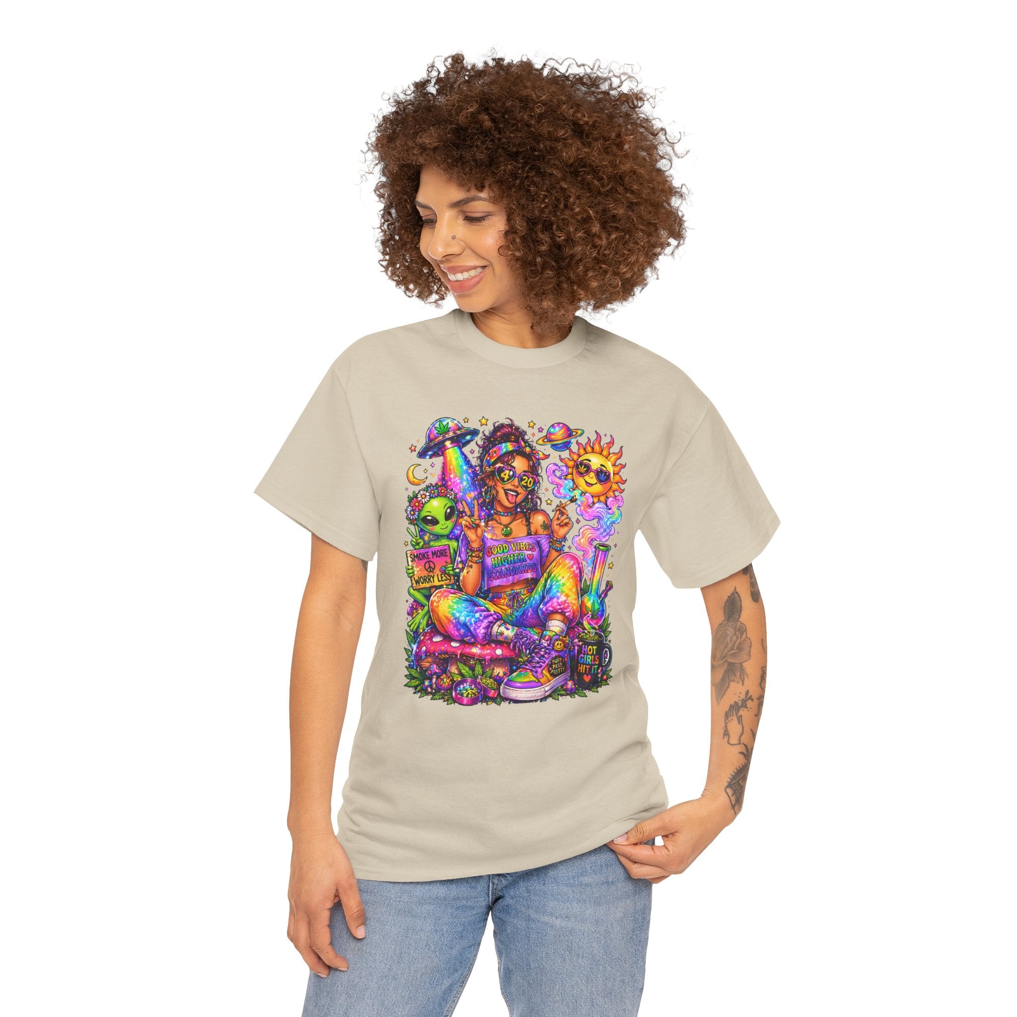Psychedelic Hippie Girl T-Shirt — Colorful Boho Sun, Mushroom & Alien Graphic Tee