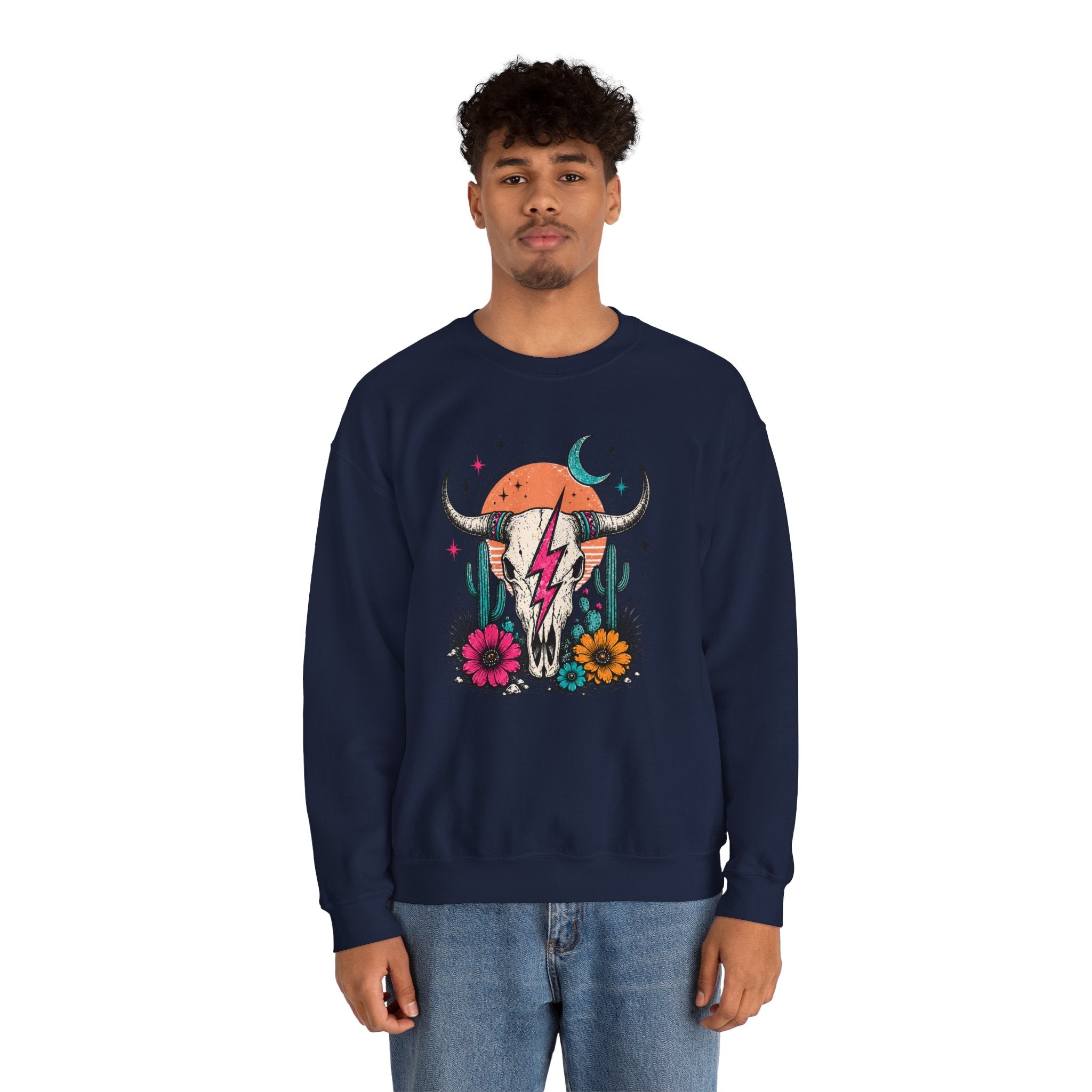 Southwest Skull Crewneck Sweatshirt — Desert Cactus Lightning Graphic