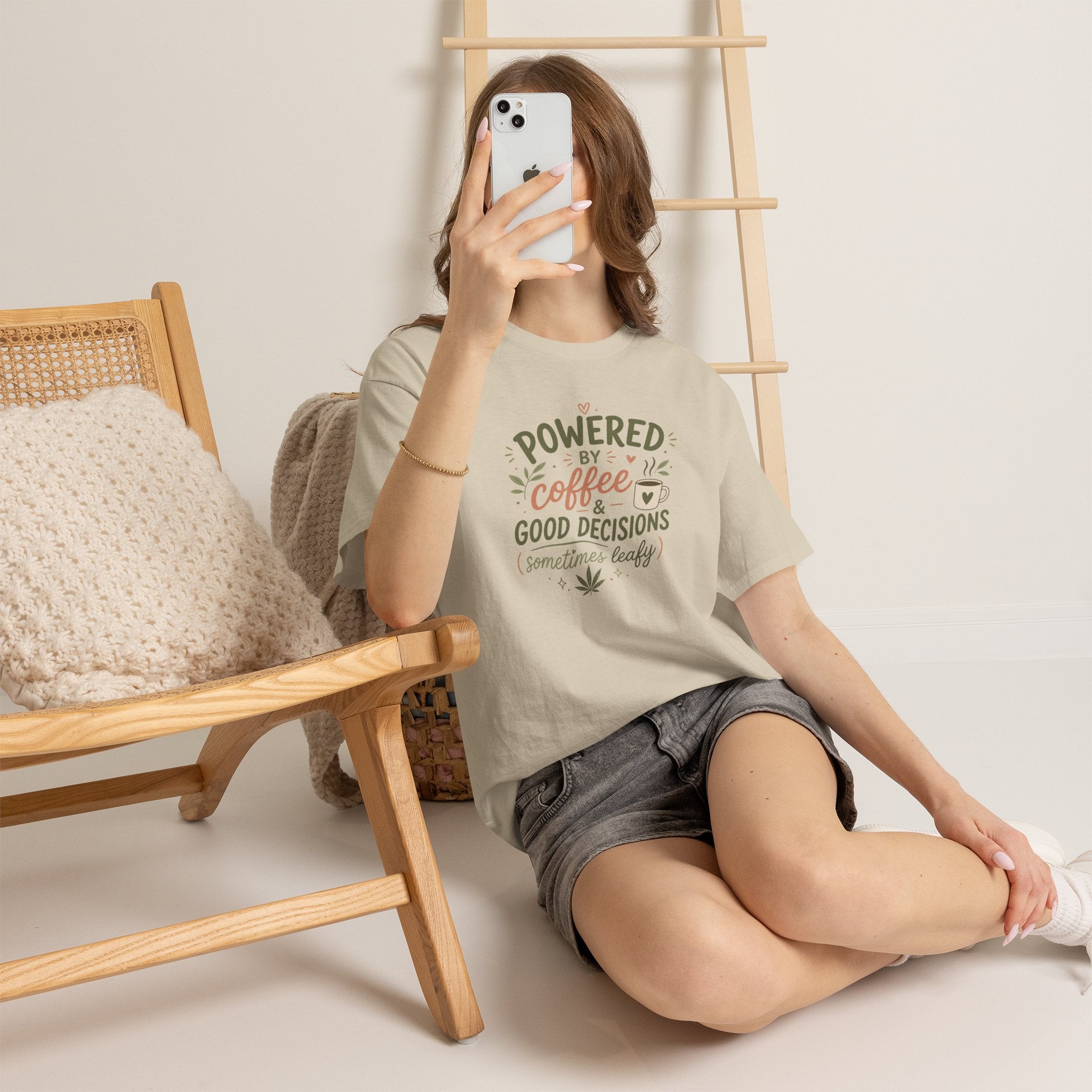 Coffee & Good Decisions T-Shirt — "Powered by Coffee & Good Decisions (Sometimes Leafy)"