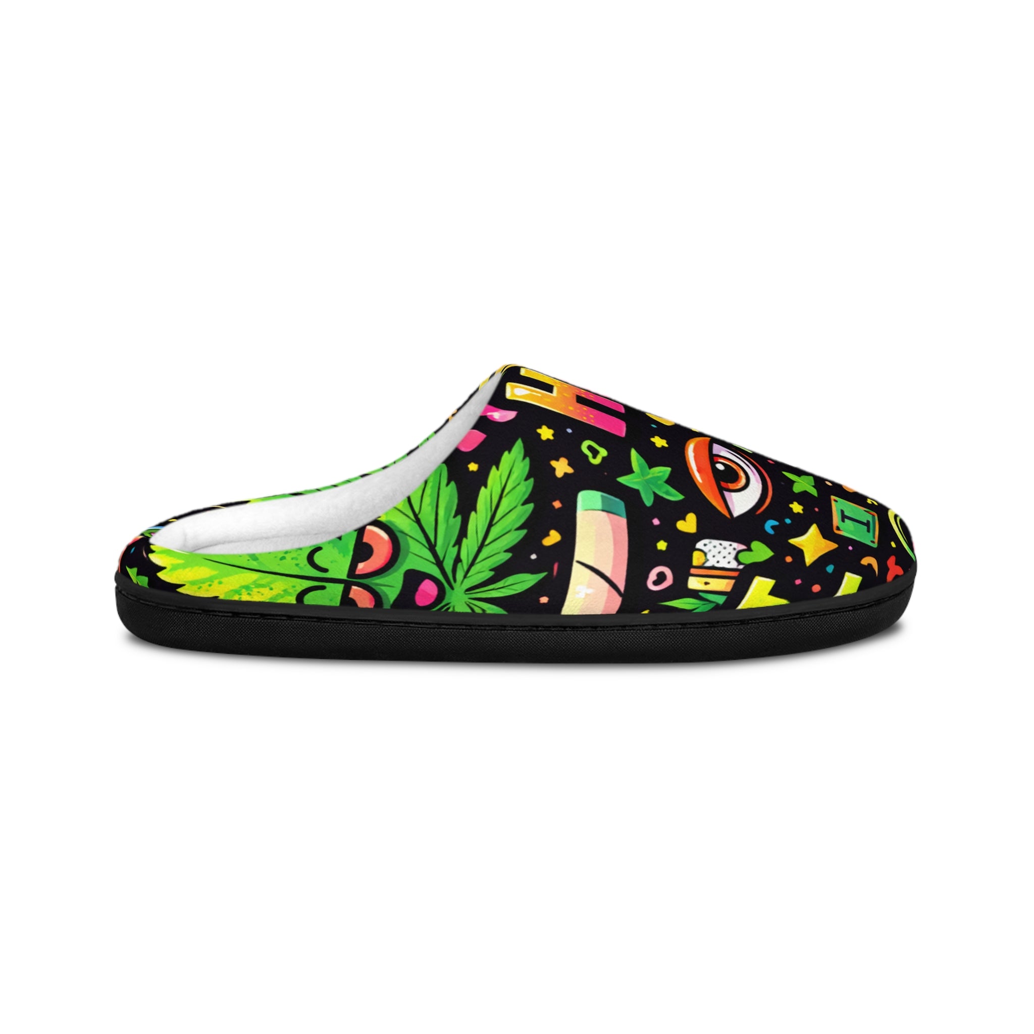 Indoor Slippers — Colorful Cannabis “High” Graphic Cozy Slides
