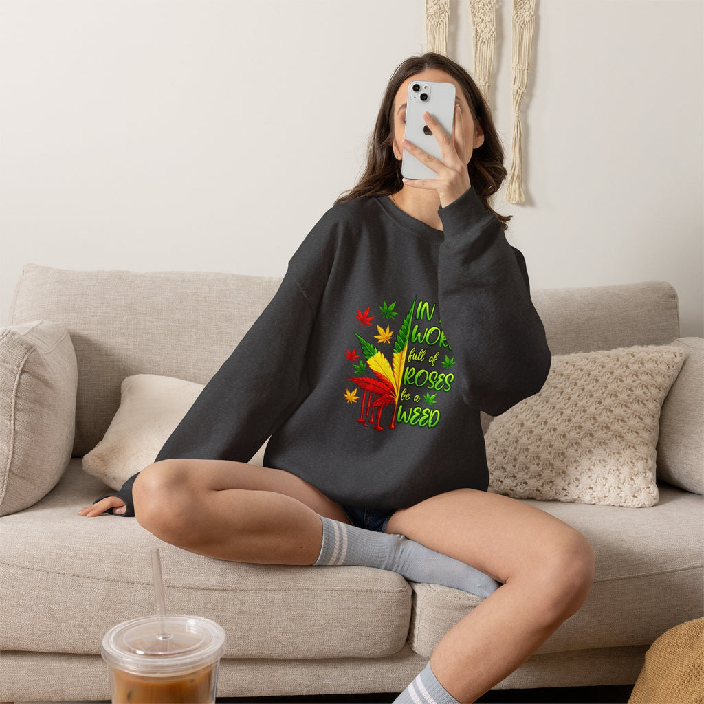 Crewneck Sweatshirt — "In a World Full of Roses Be a Weed" Rasta Cannabis Graphic