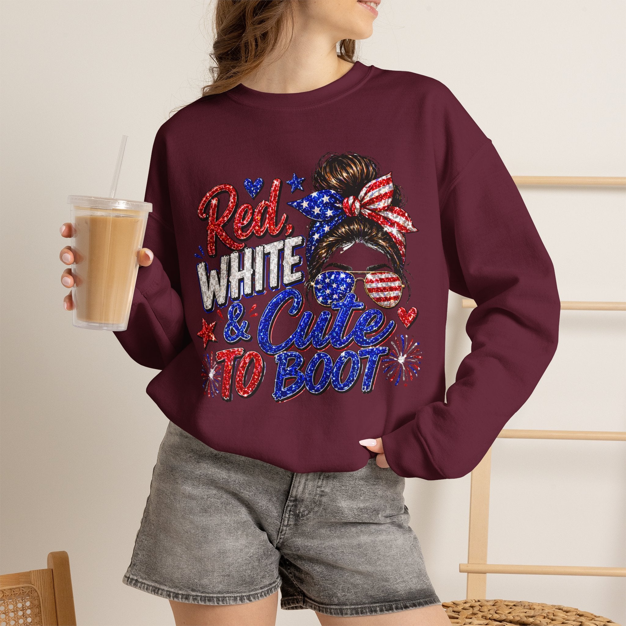 Crewneck Sweatshirt - "Red, White & Cute to Boot" Patriotic Women’s Graphic