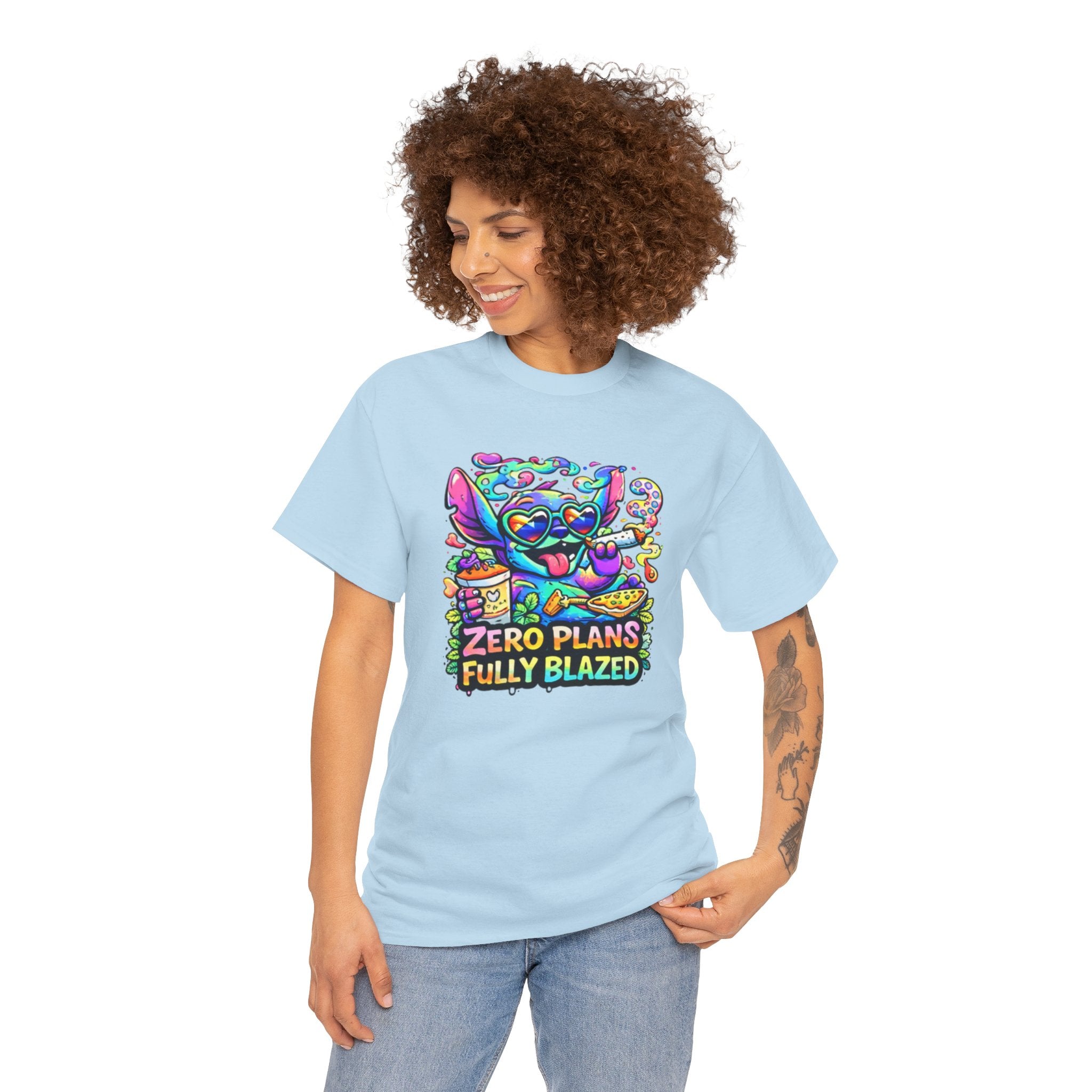 Zero Plans Fully Blazed Tee — Colorful Stoner Cat Graphic T-Shirt