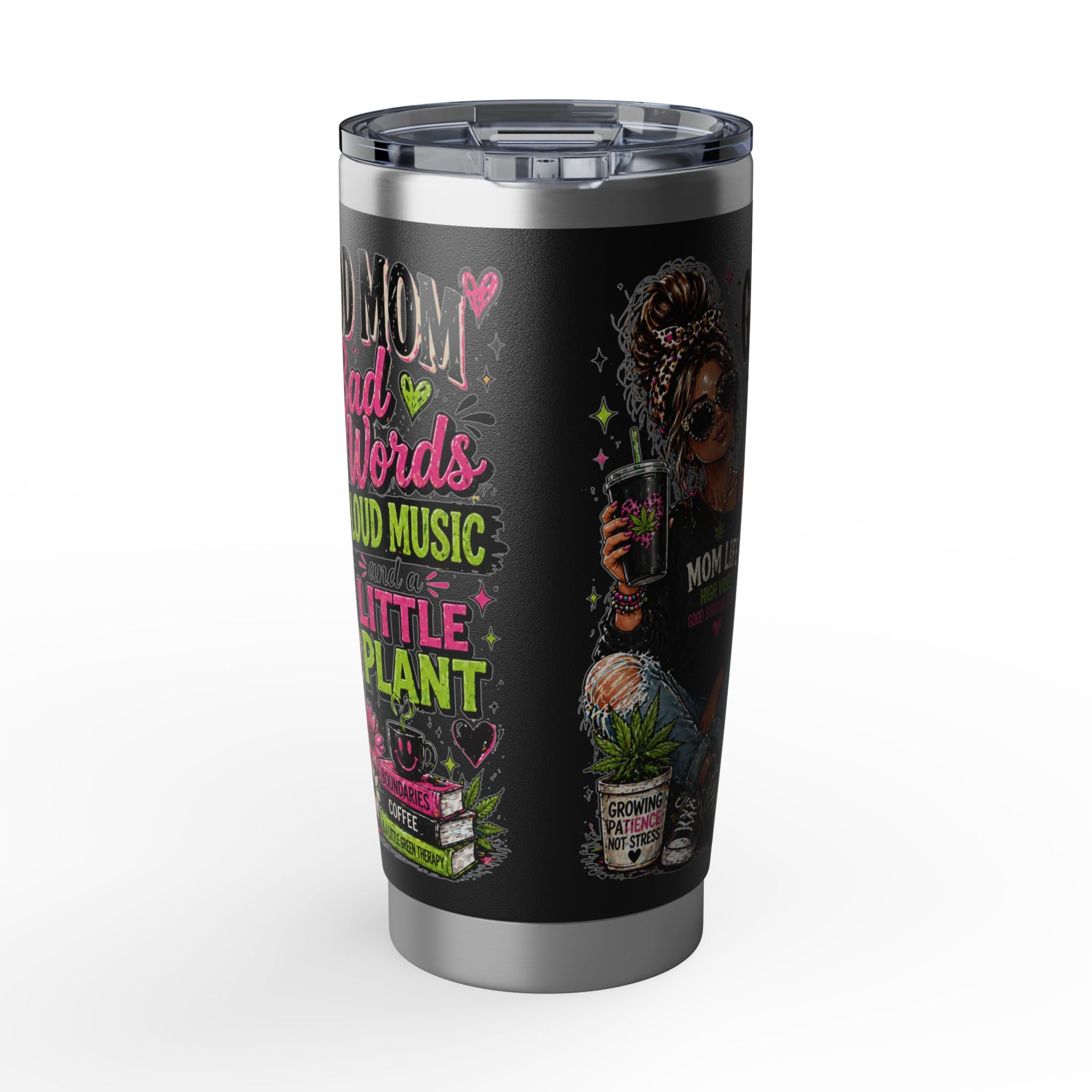 Mom Life 20oz Tumbler – 'Mom with Coffee, Plants & Music' Insulated Travel Cup