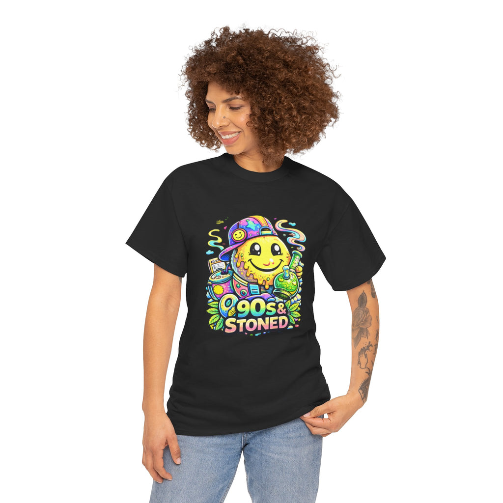 90s & Stoned Smiley Tee — Retro Vaporwave Cannabis Graphic T-Shirt