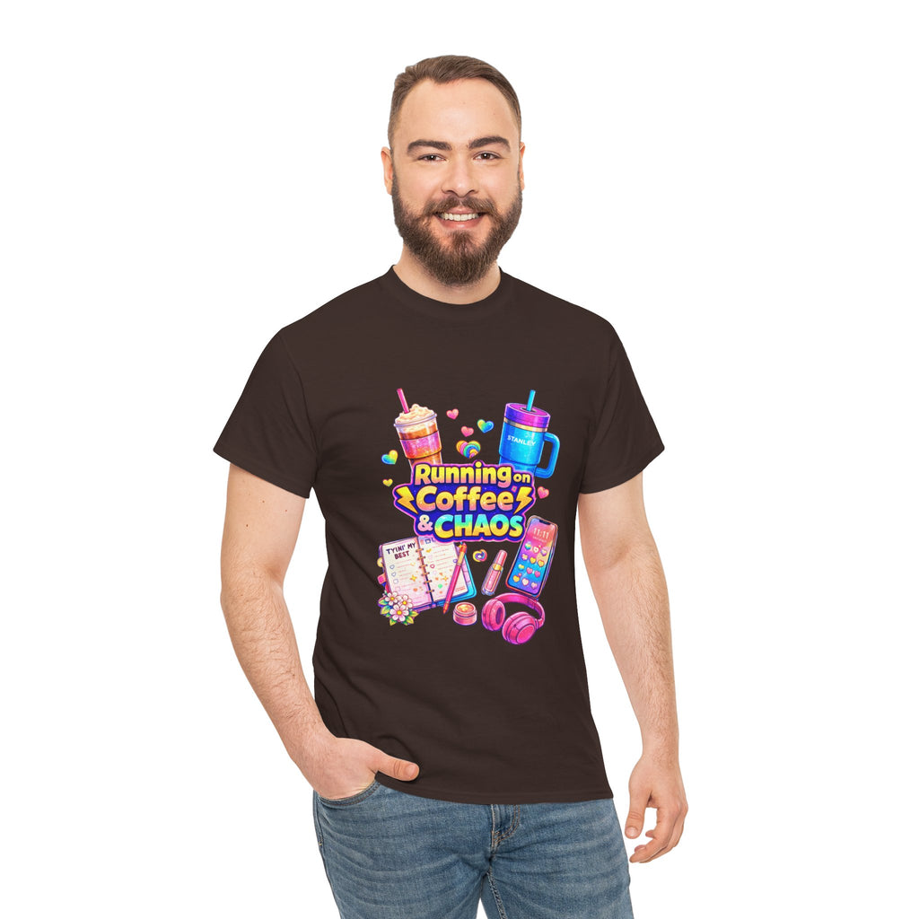 Graphic Tee — "Running on Coffee & Chaos" Colorful Planner Lover Shirt