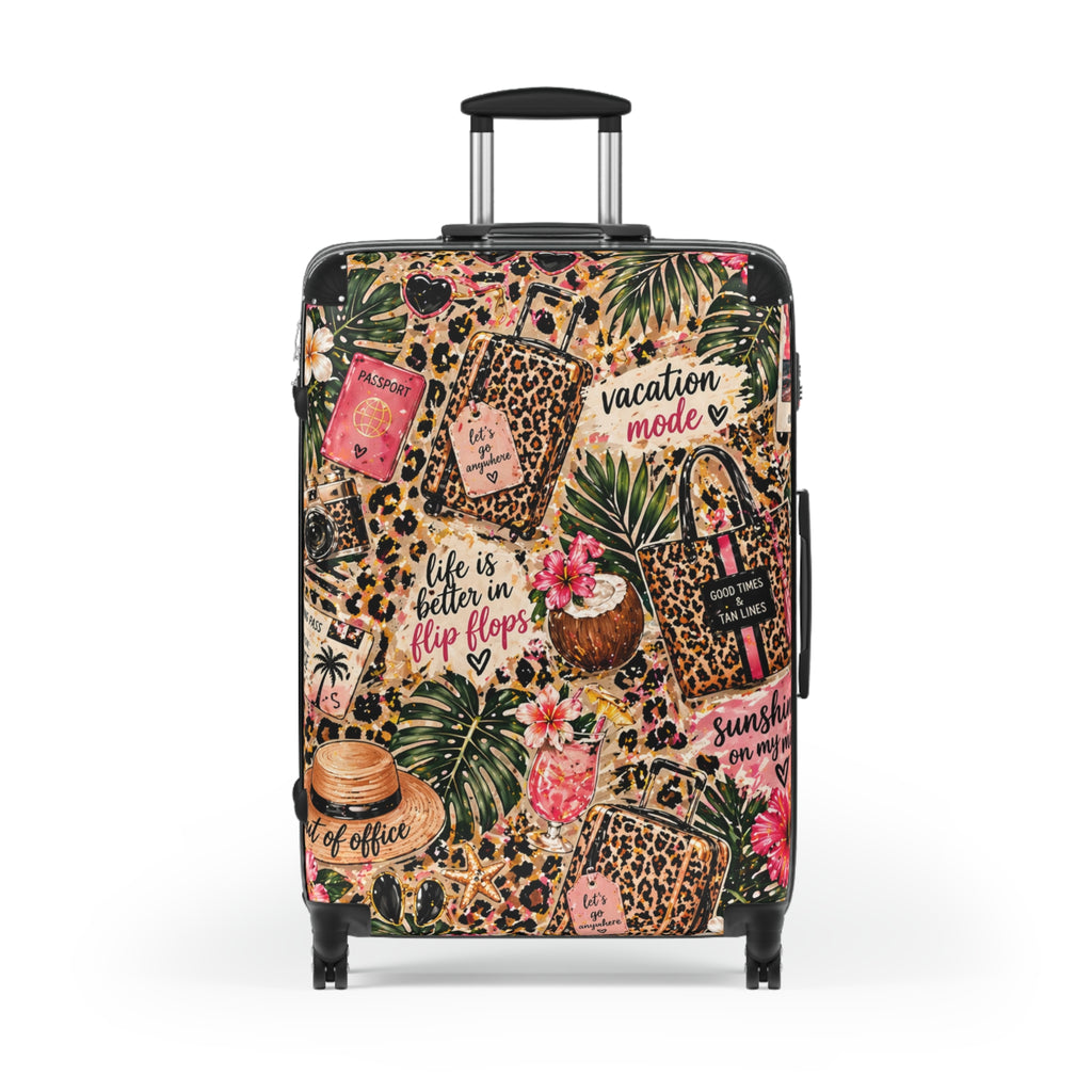 Leopard Tropical "Vacation Mode" Suitcase — Cabin Luggage Cover with ‘Life Is Better in Flip Flops’ Design