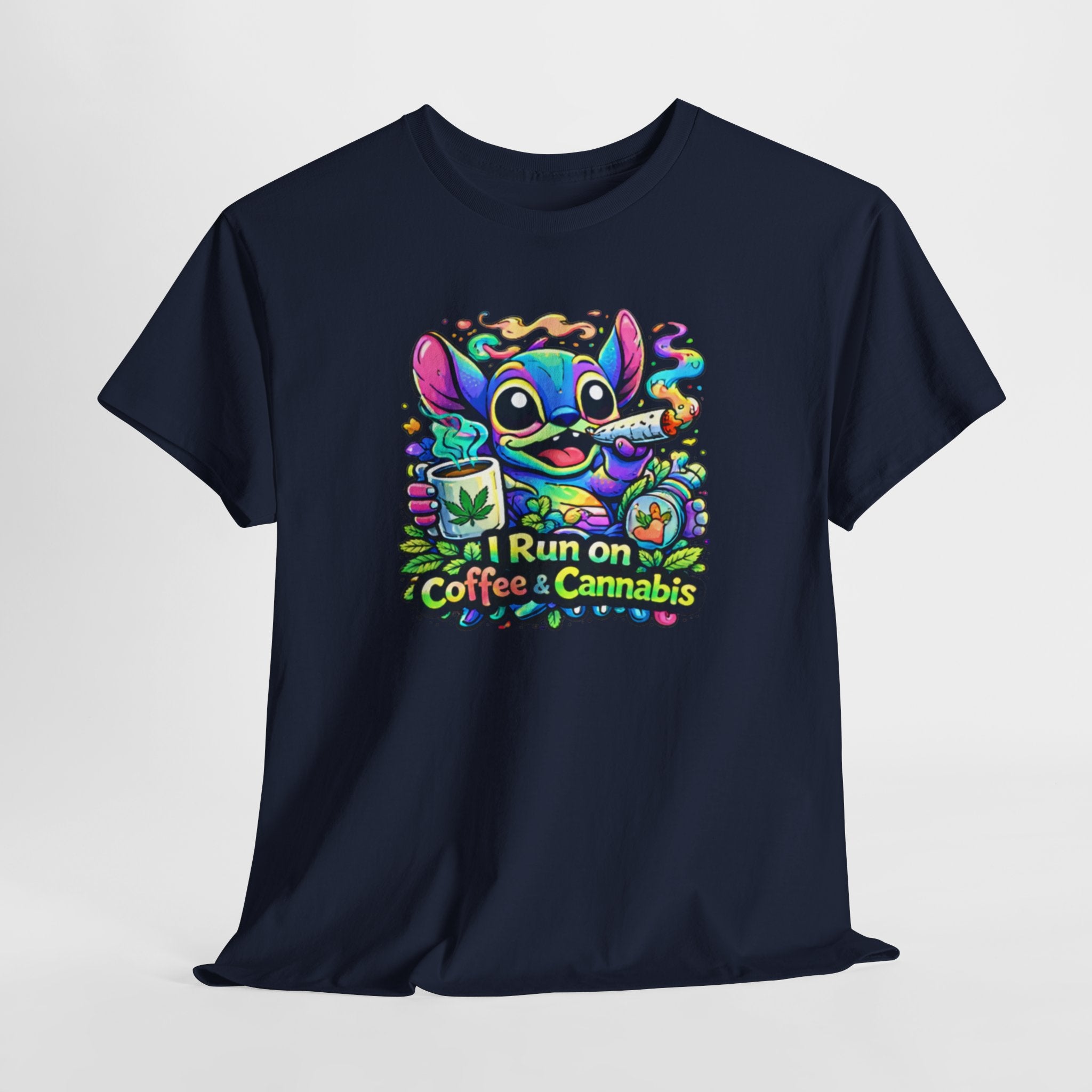 Coffee & Cannabis Tee — 'I Run on Coffee & Cannabis' Cute Stitch Graphic T-Shirt
