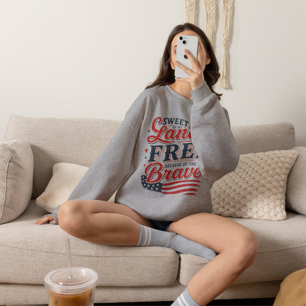 Crewneck Sweatshirt — "Sweet Land Free Because of the Brave" Patriotic Flag Design