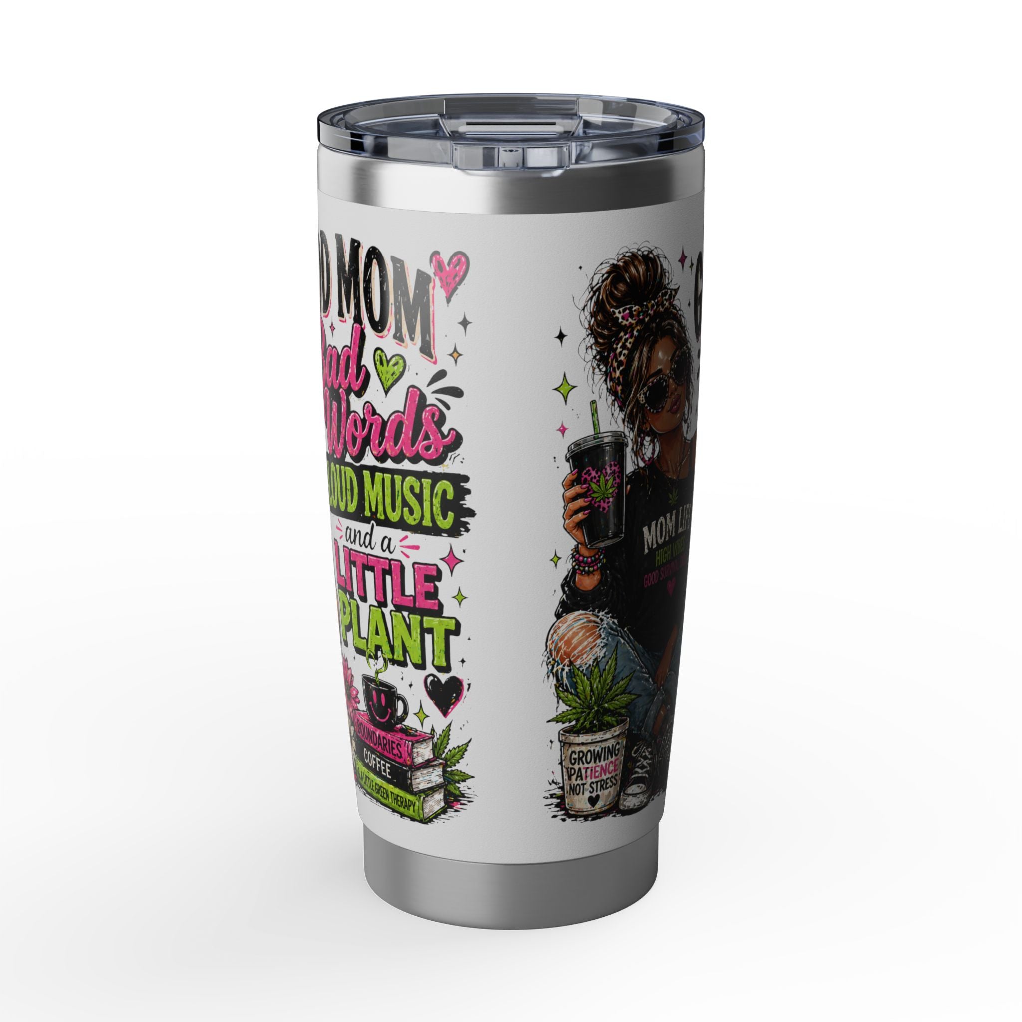Mom Life 20oz Tumbler – 'Mom with Coffee, Plants & Music' Insulated Travel Cup