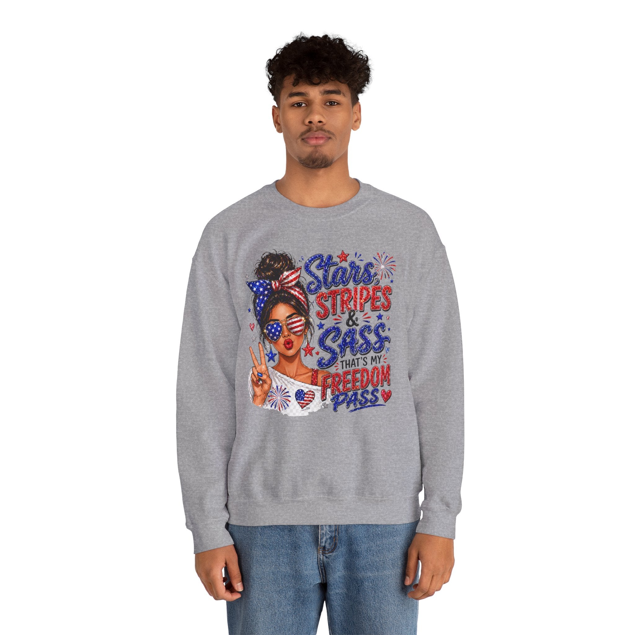 Patriotic 'Stars, Stripes & Sass' Crewneck Sweatshirt – 4th of July Freedom Pass Graphic