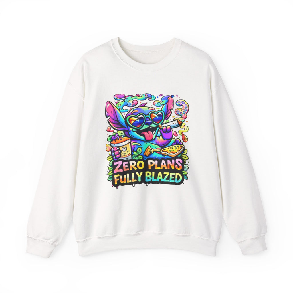 Crewneck Sweatshirt — "Zero Plans Fully Blazed" Colorful Stoner Cartoon Graphic