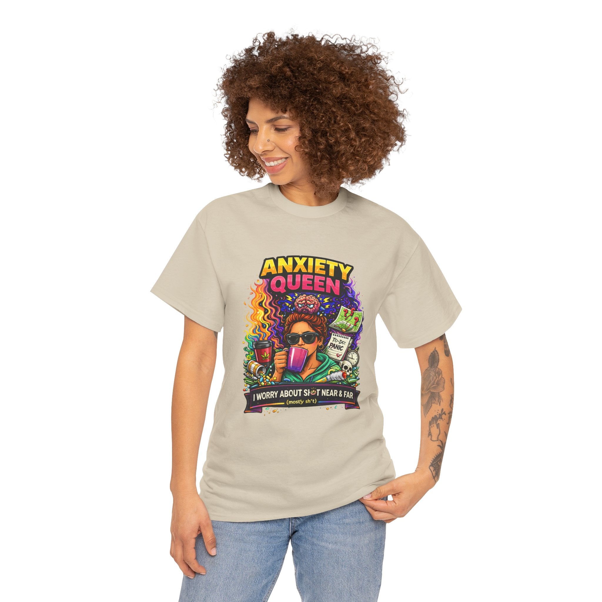 Anxiety Queen T-Shirt – Funny Mental Health Graphic Tee (“I Worry About Sh*t Near & Far”)
