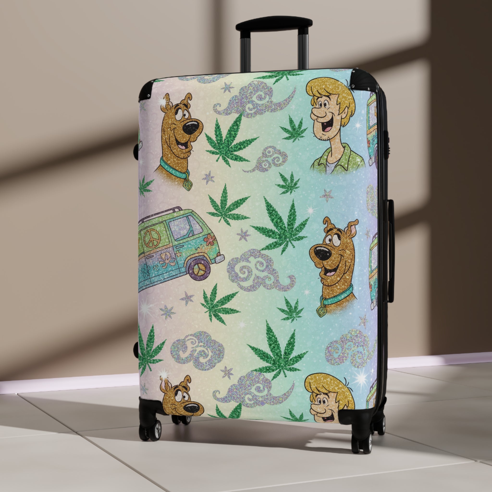Scooby-Doo Cannabis Pattern Suitcase – Retro Van & Leaf Travel Luggage