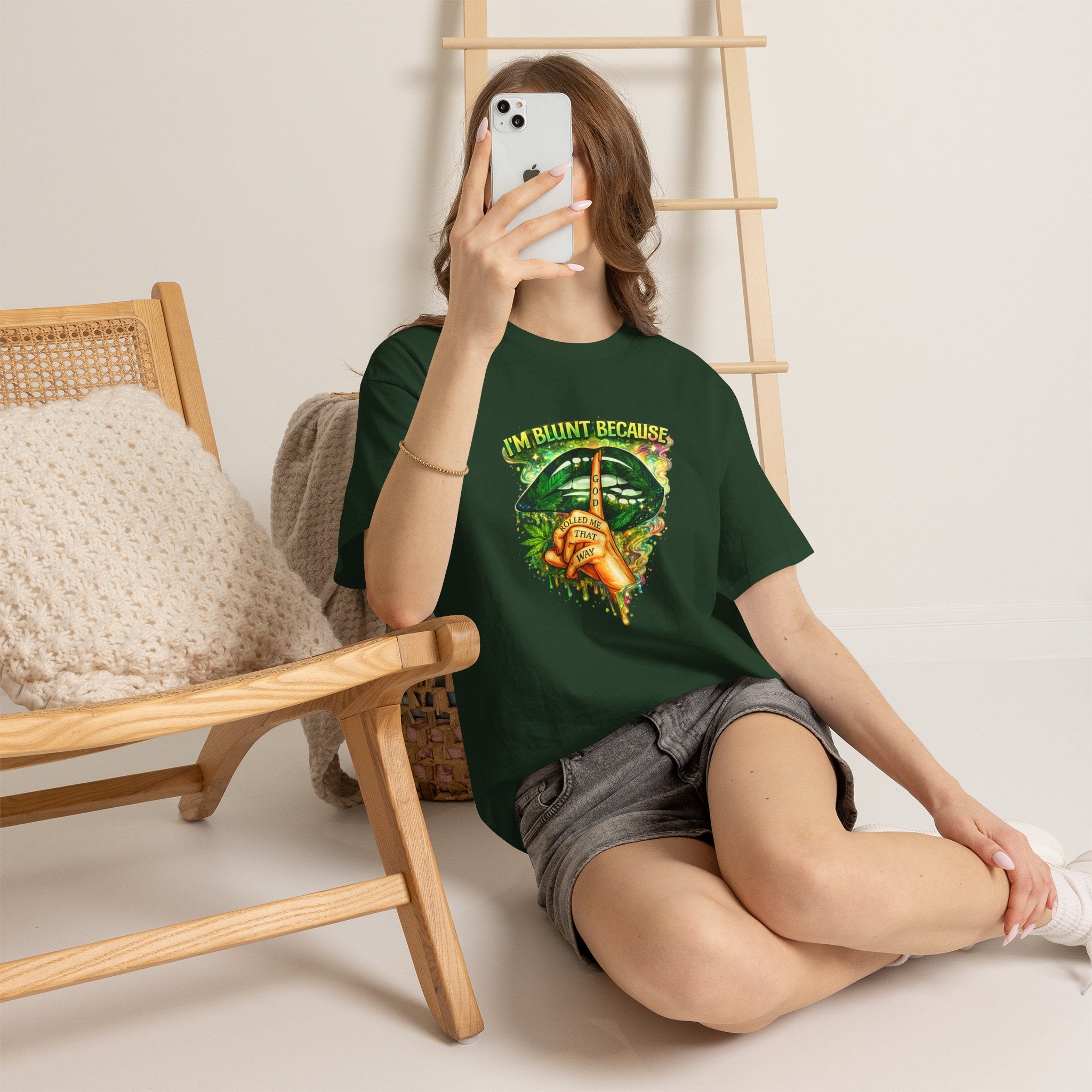 “I’m Blunt Because” Graphic Tee with Cannabis Leaf & Finger-On-Lips Design