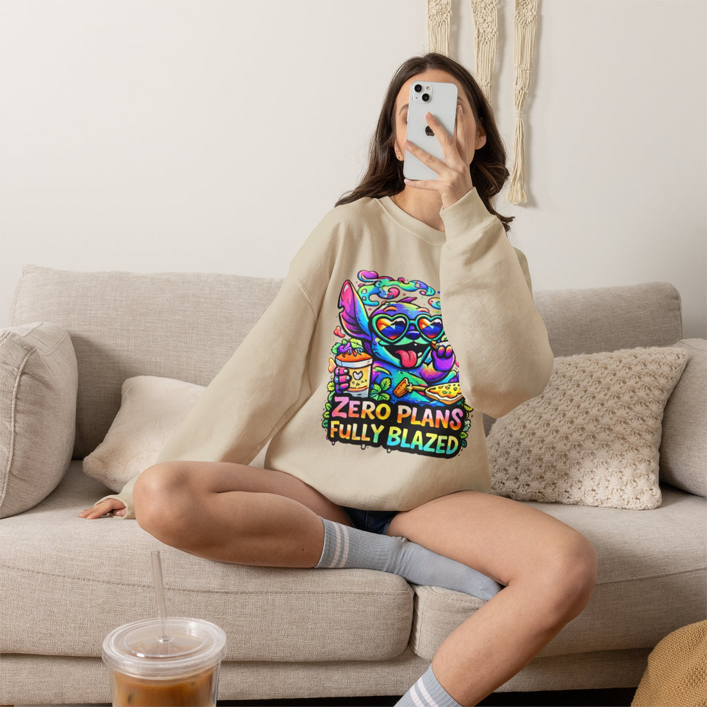 Crewneck Sweatshirt — "Zero Plans Fully Blazed" Colorful Stoner Cartoon Graphic