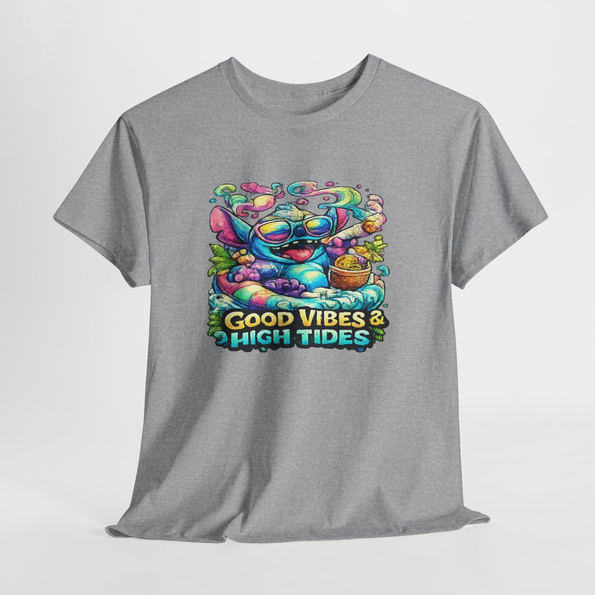 T-Shirt — "Good Vibes & High Tides" Colorful Surf Shark Graphic Tee