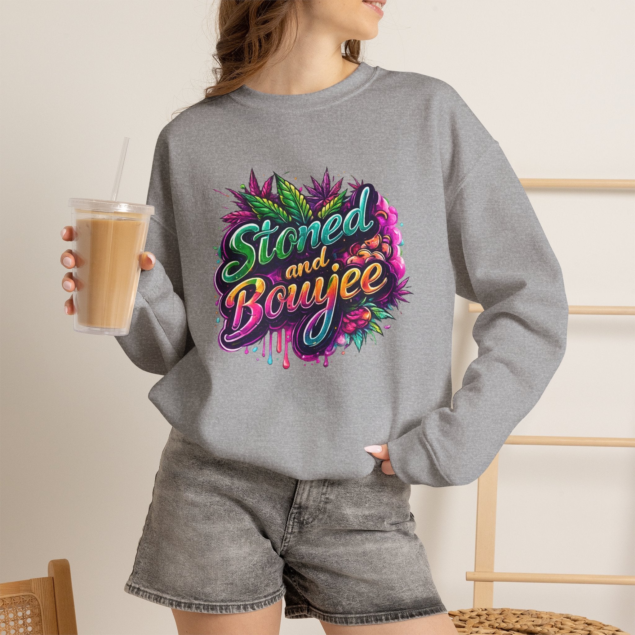Crewneck Sweatshirt — "Stoned and Boujee" Colorful Cannabis Graphic