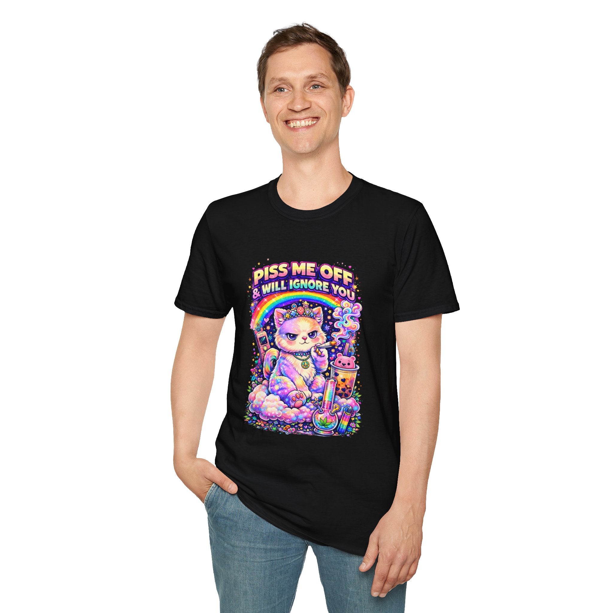 Graphic T-Shirt — "Piss Me Off & I Will Ignore You" Cute Grumpy Cat Rainbow Design